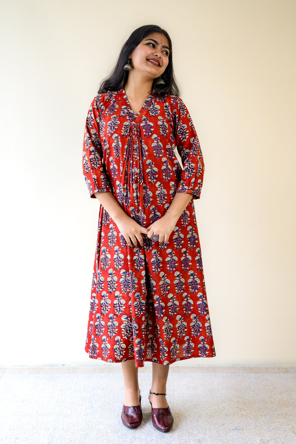 Red Blooms Bagru Front Pleated Dress