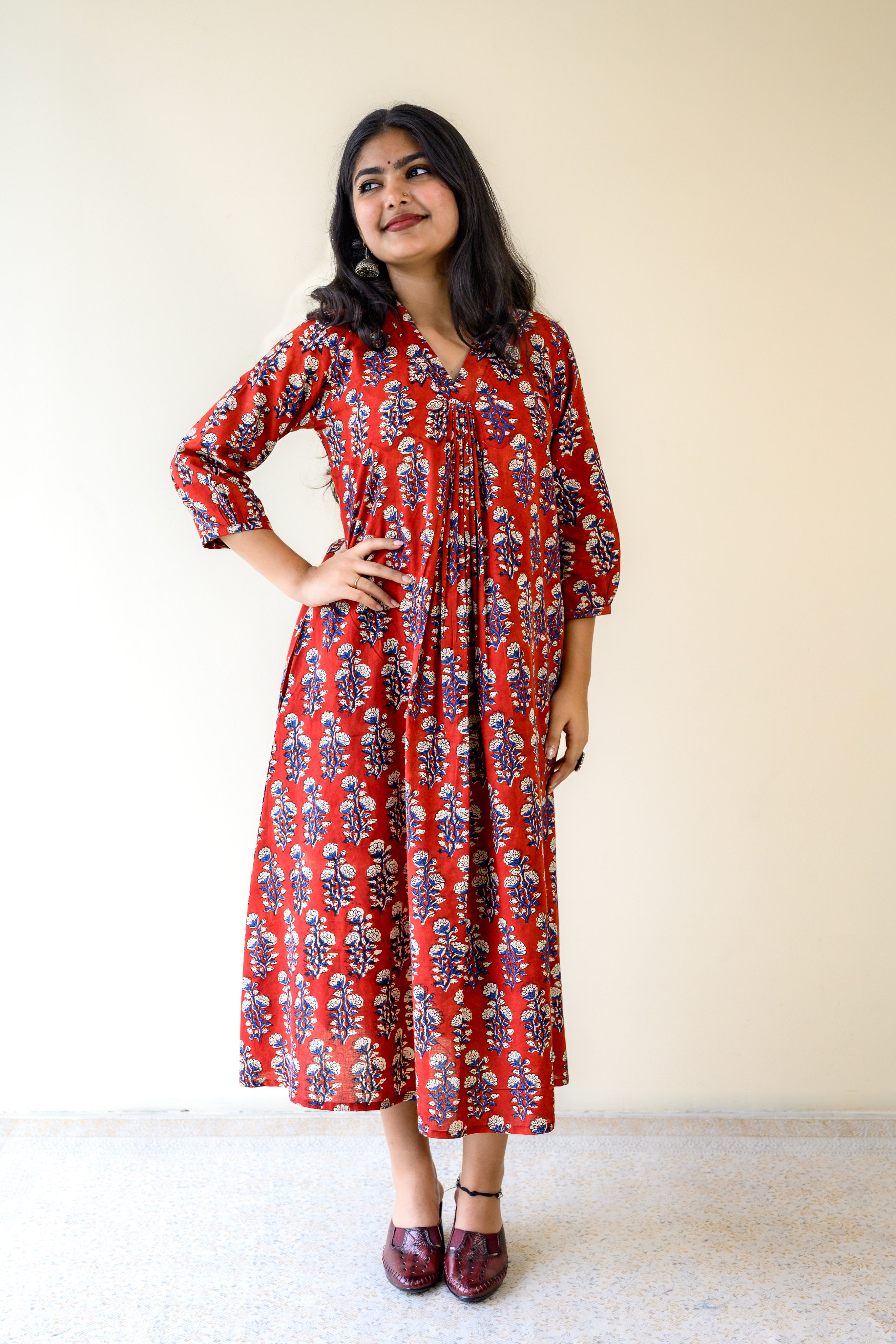 Red Blooms Bagru Front Pleated Dress