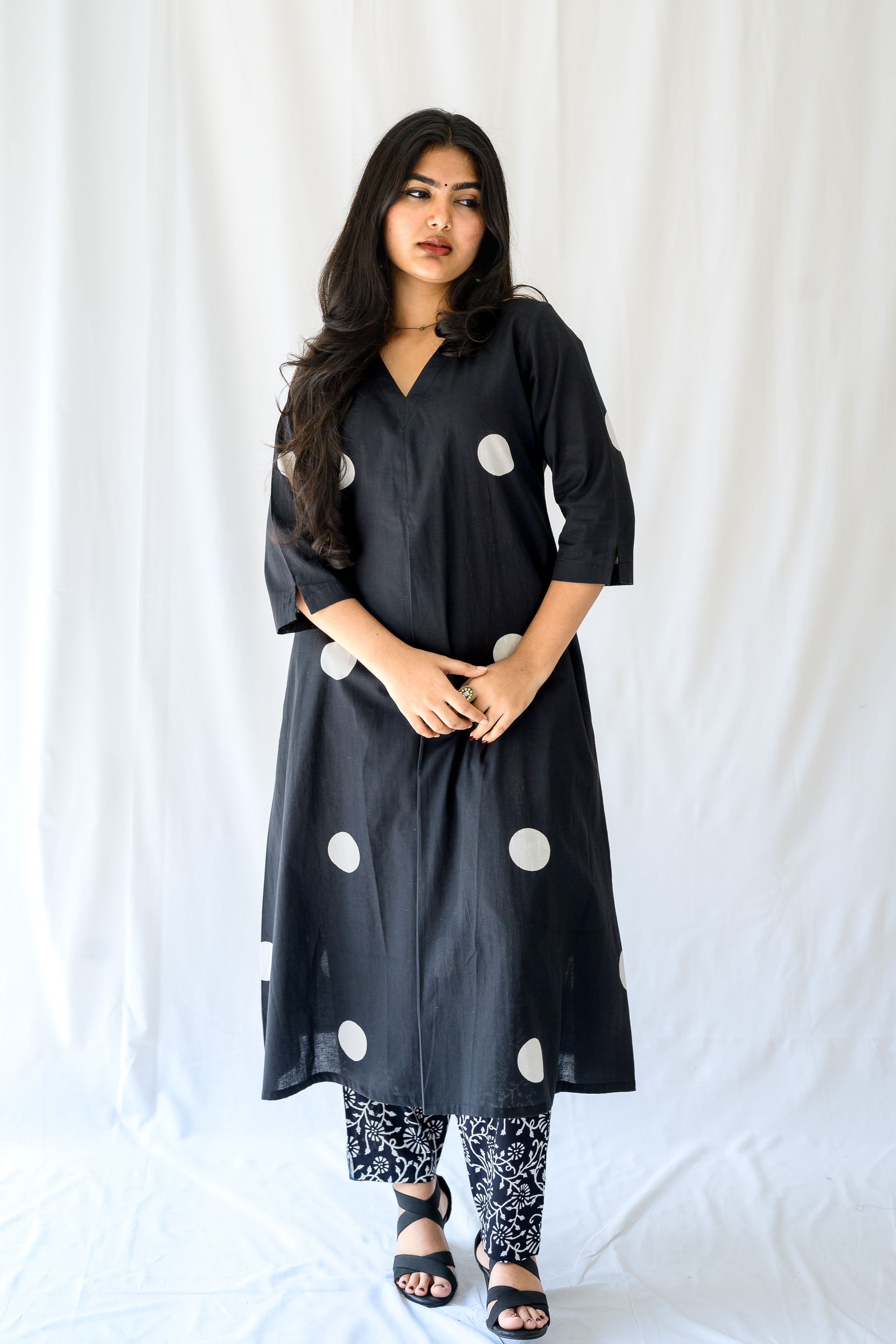 Set of 2- Polka Loca Black Box Pleated Kurtas & Pants