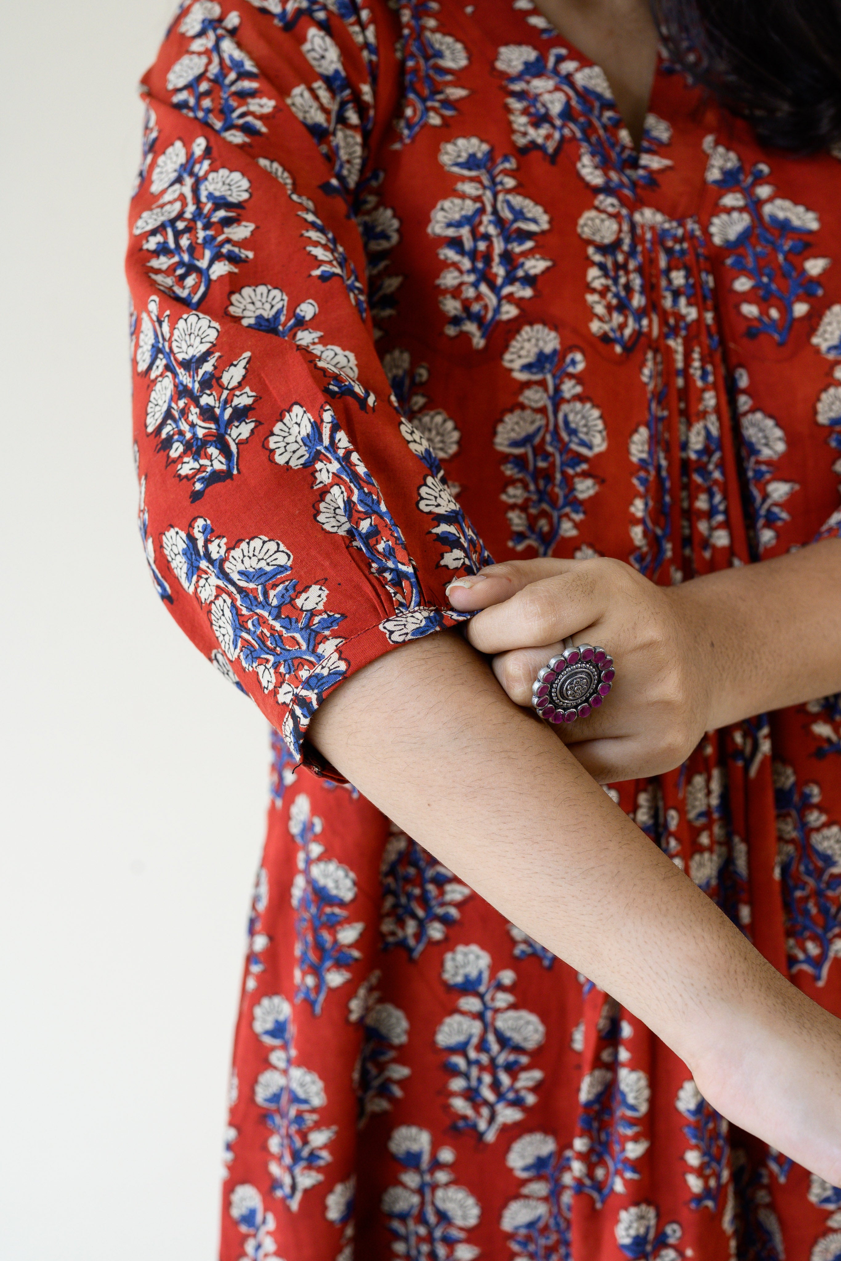 Red Blooms Bagru Front Pleated Dress