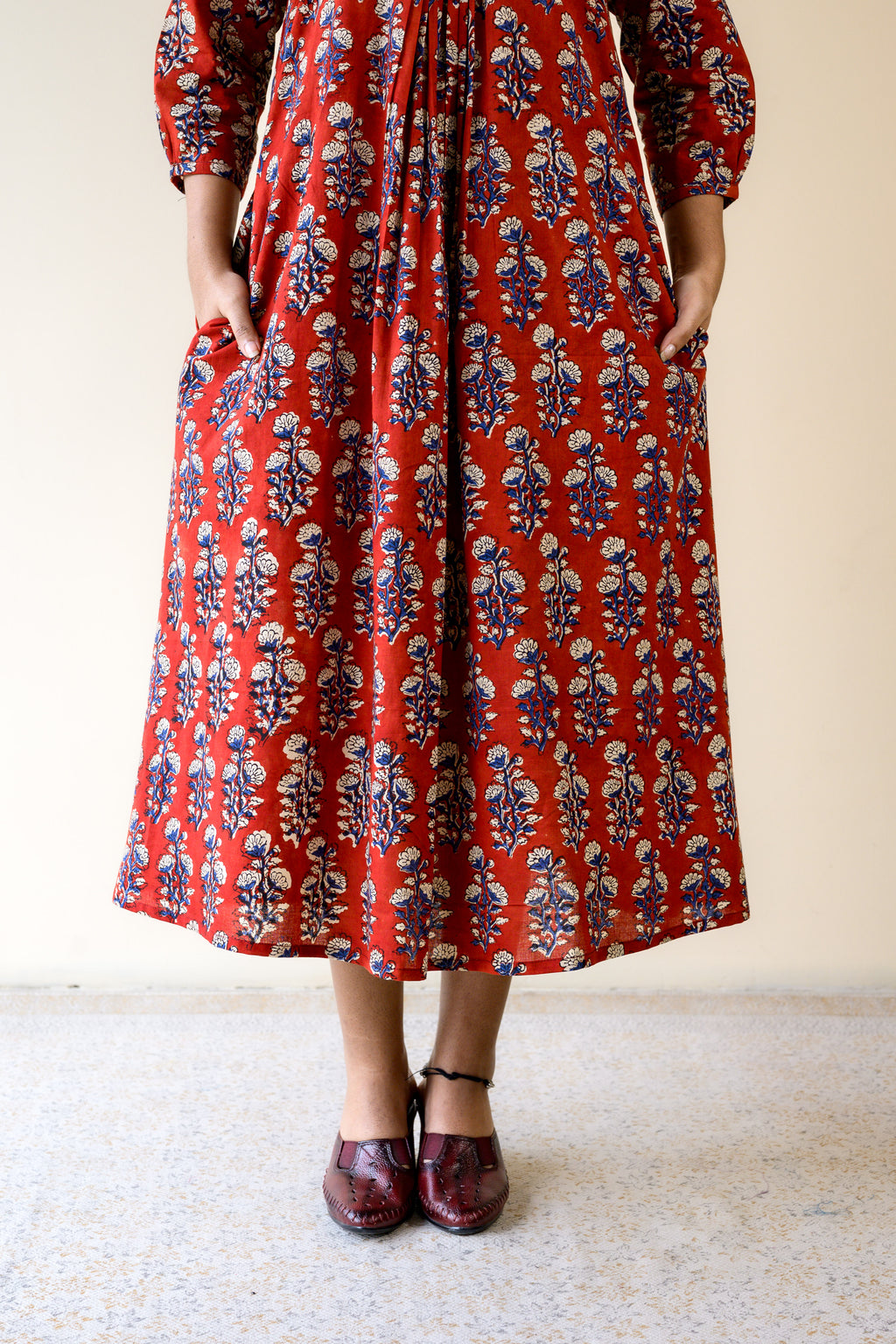 Red Blooms Bagru Front Pleated Dress