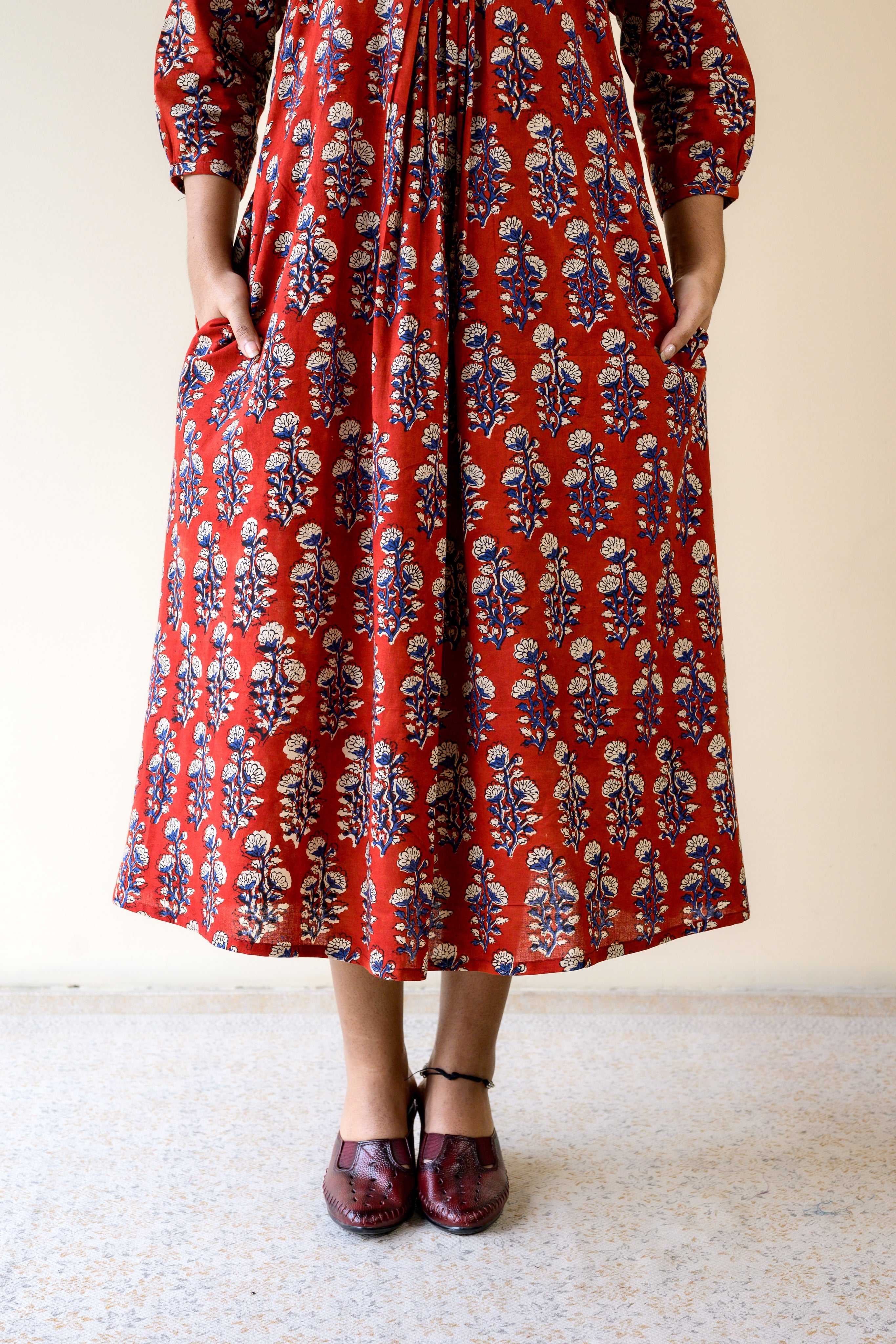 Red Blooms Bagru Front Pleated Dress
