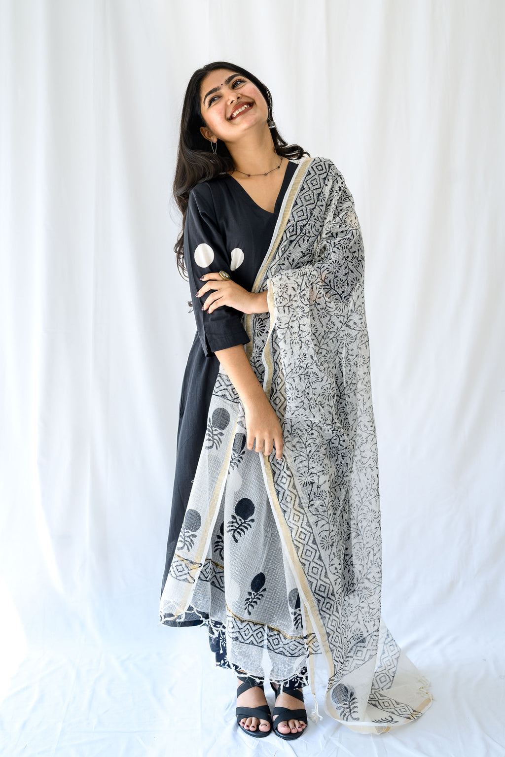 Set of 2- Polka Loca Black Box Pleated Kurtas & Pants