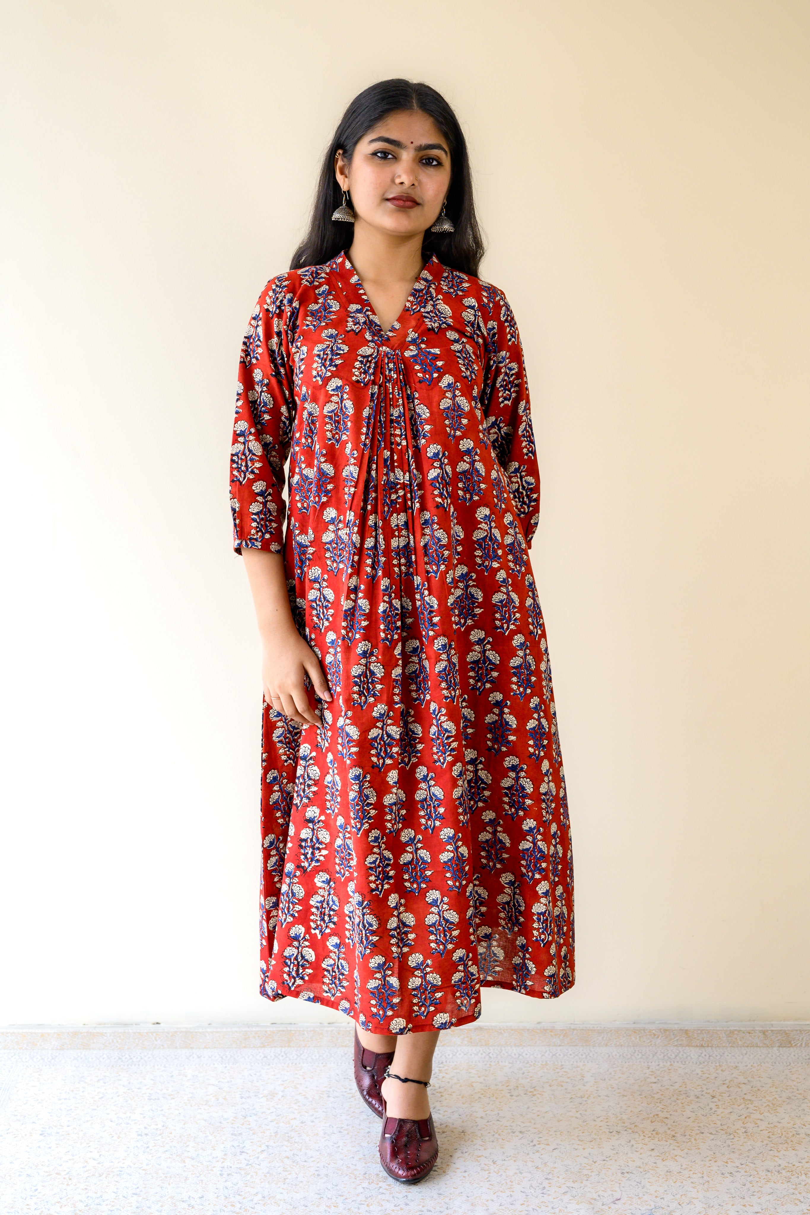 Red Blooms Bagru Front Pleated Dress