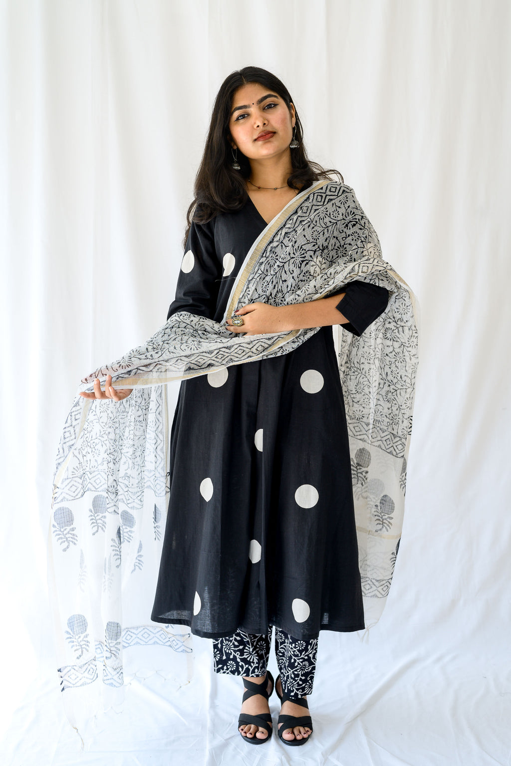 Set of 2- Polka Loca Black Box Pleated Kurtas & Pants