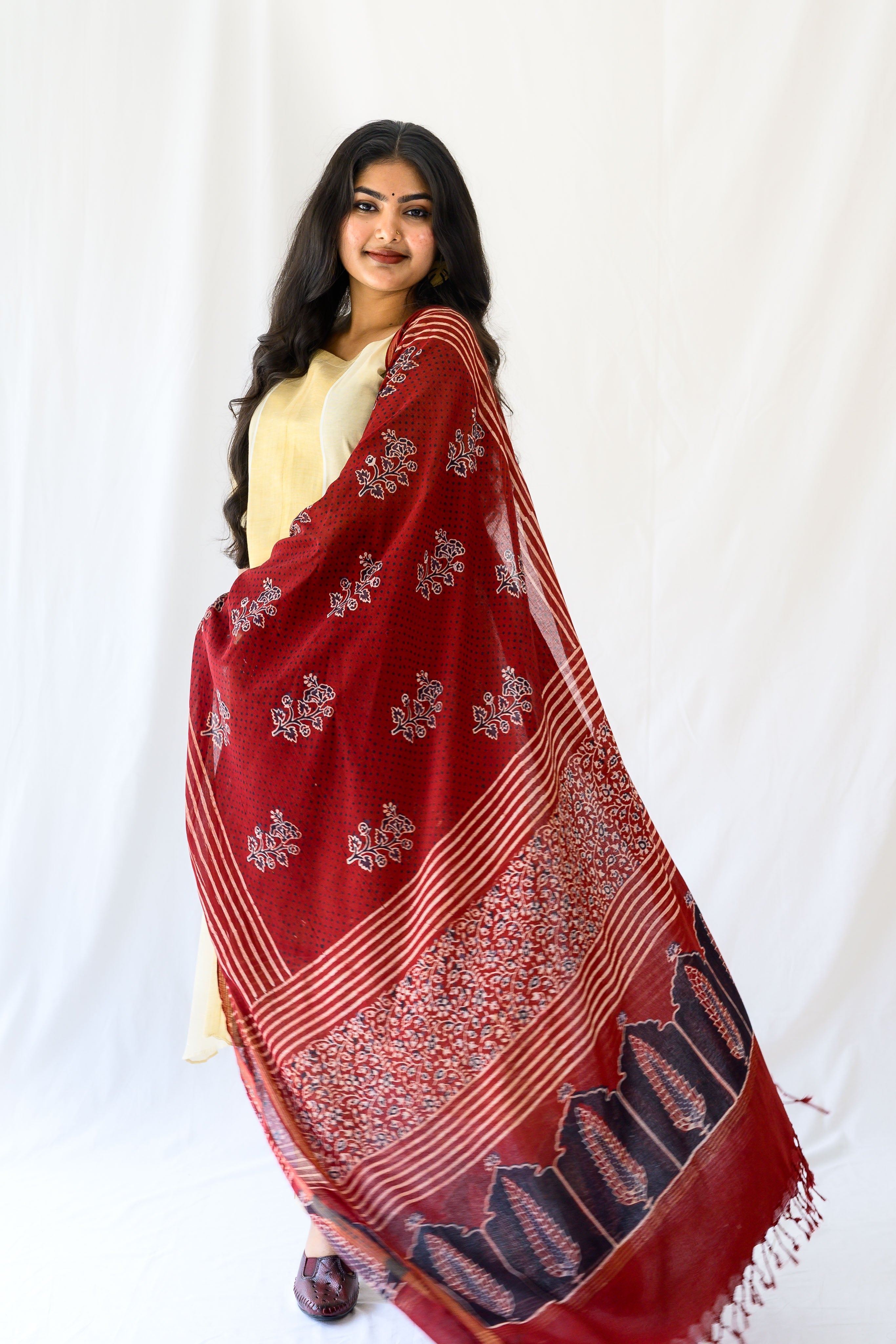 Madder Red Pine Florals Ajrakh Cotton Dupatta