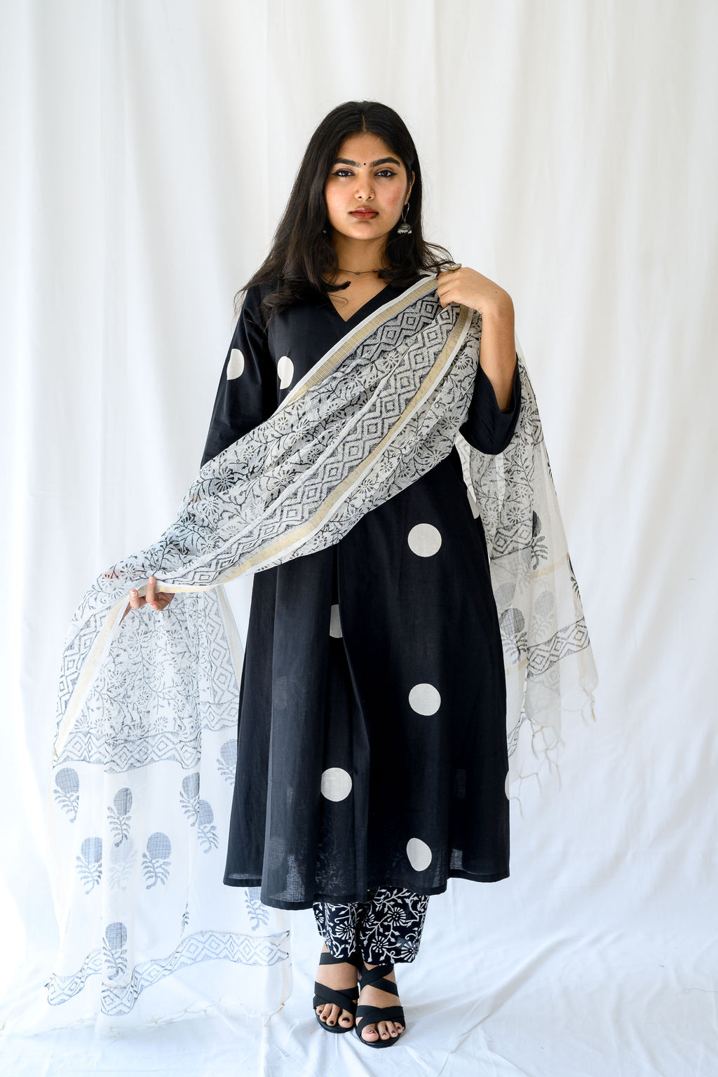 Set of 2- Polka Loca Black Box Pleated Kurtas & Pants
