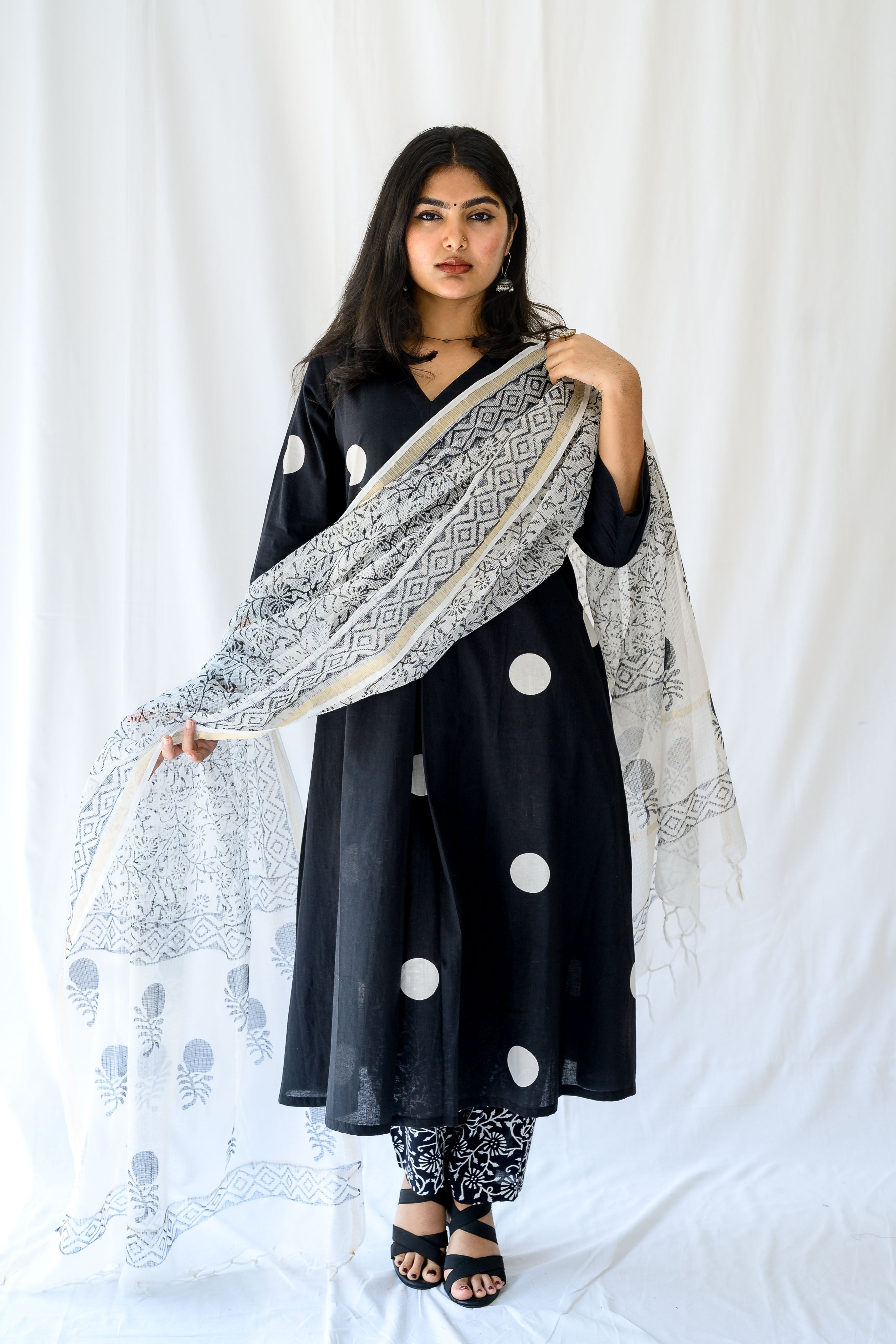 Set of 2- Polka Loca Black Box Pleated Kurtas & Pants