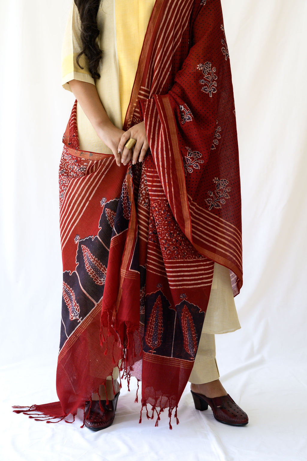 Madder Red Pine Florals Ajrakh Cotton Dupatta