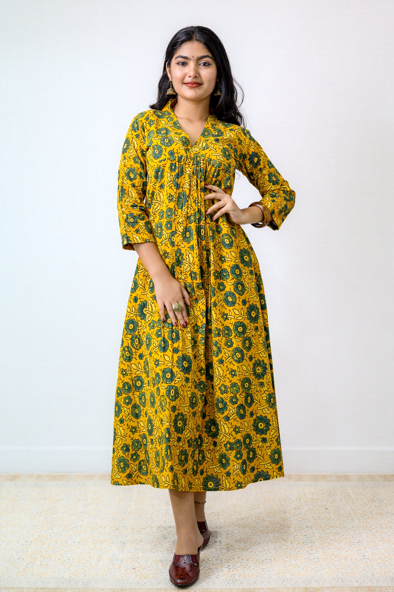 Florals on Turmeric Yellow Ajrakh Cotton Pleated Dress- Lobha Deepthis
