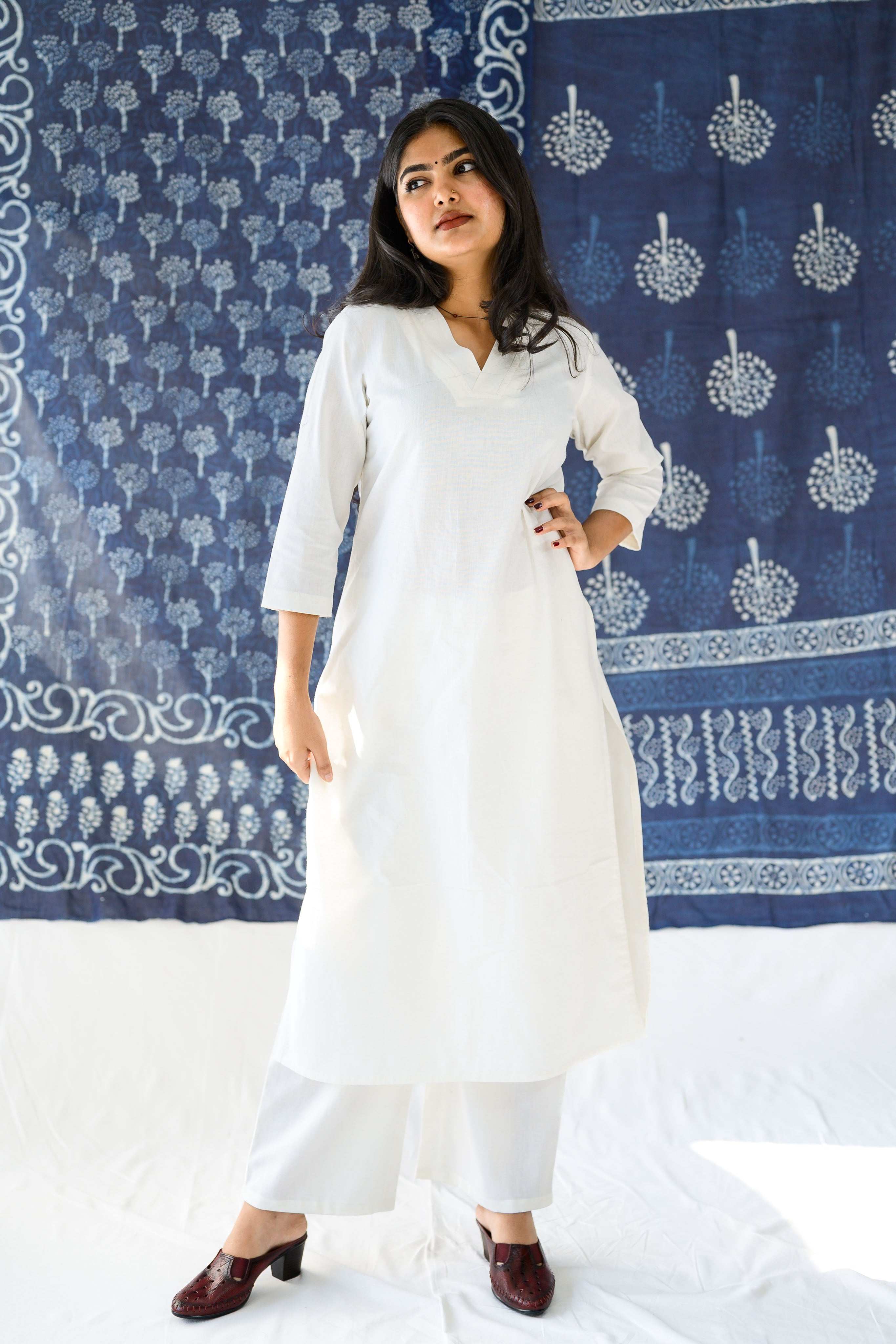 Off White Cotton Linen Collar Kurta