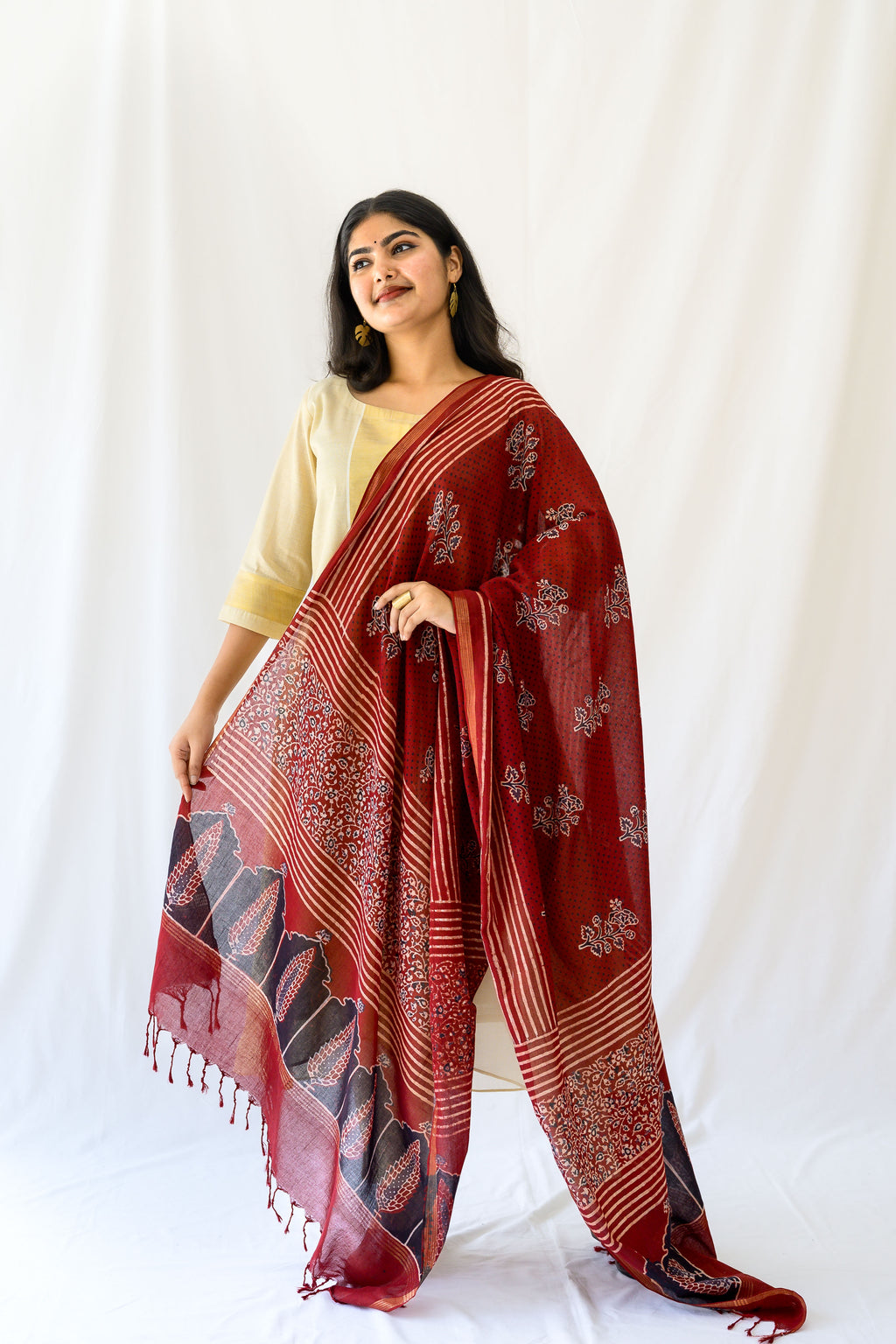 Madder Red Pine Florals Ajrakh Cotton Dupatta