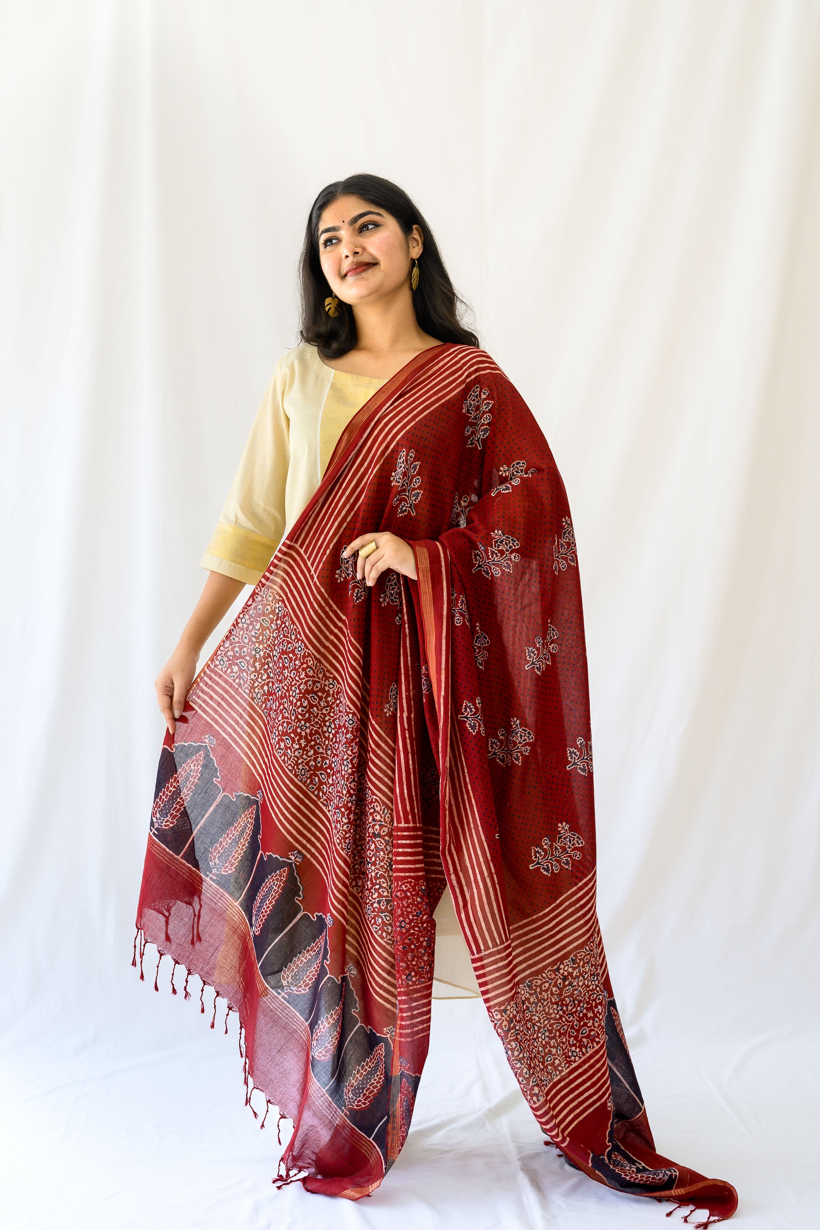 Madder Red Pine Florals Ajrakh Cotton Dupatta