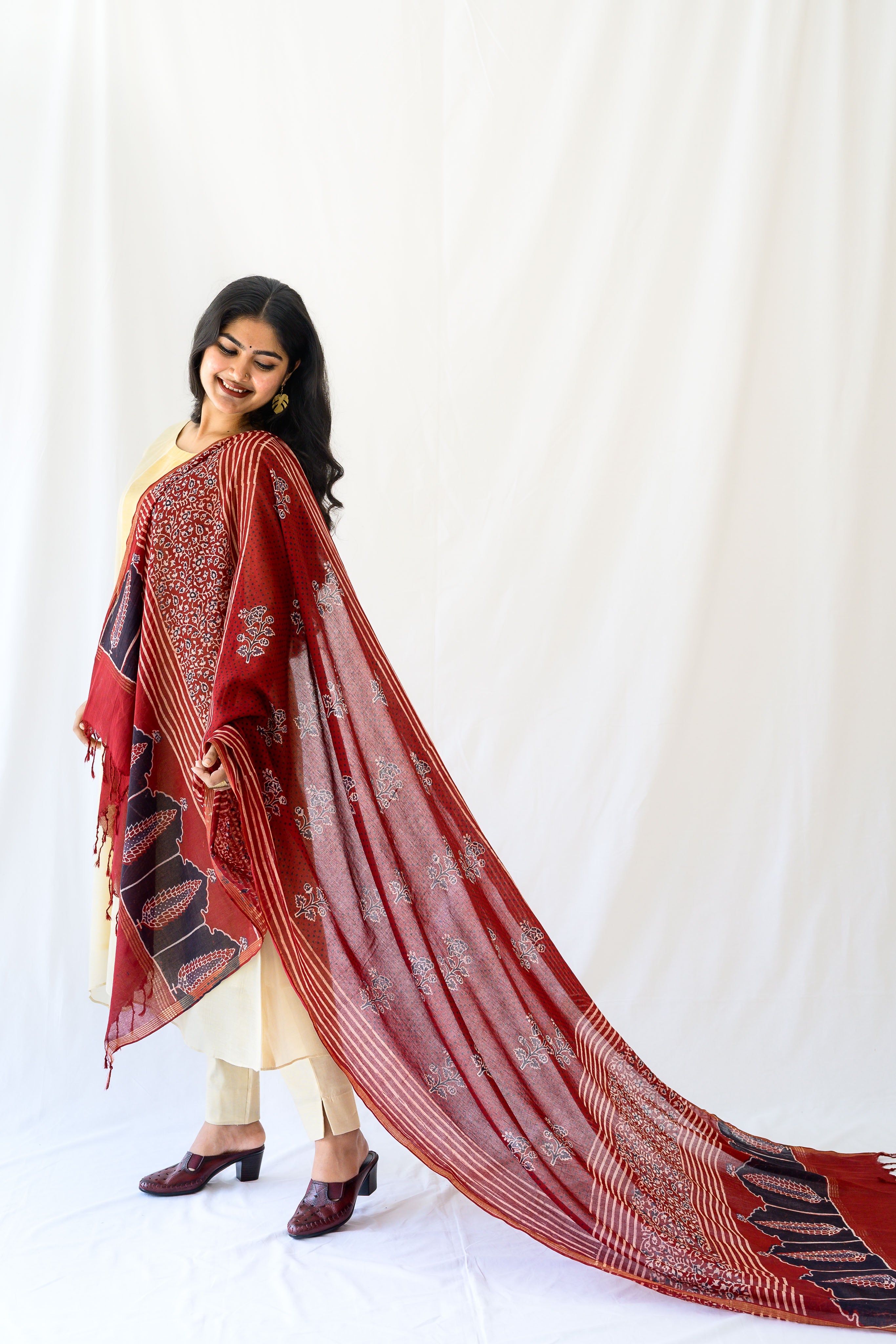 Madder Red Pine Florals Ajrakh Cotton Dupatta