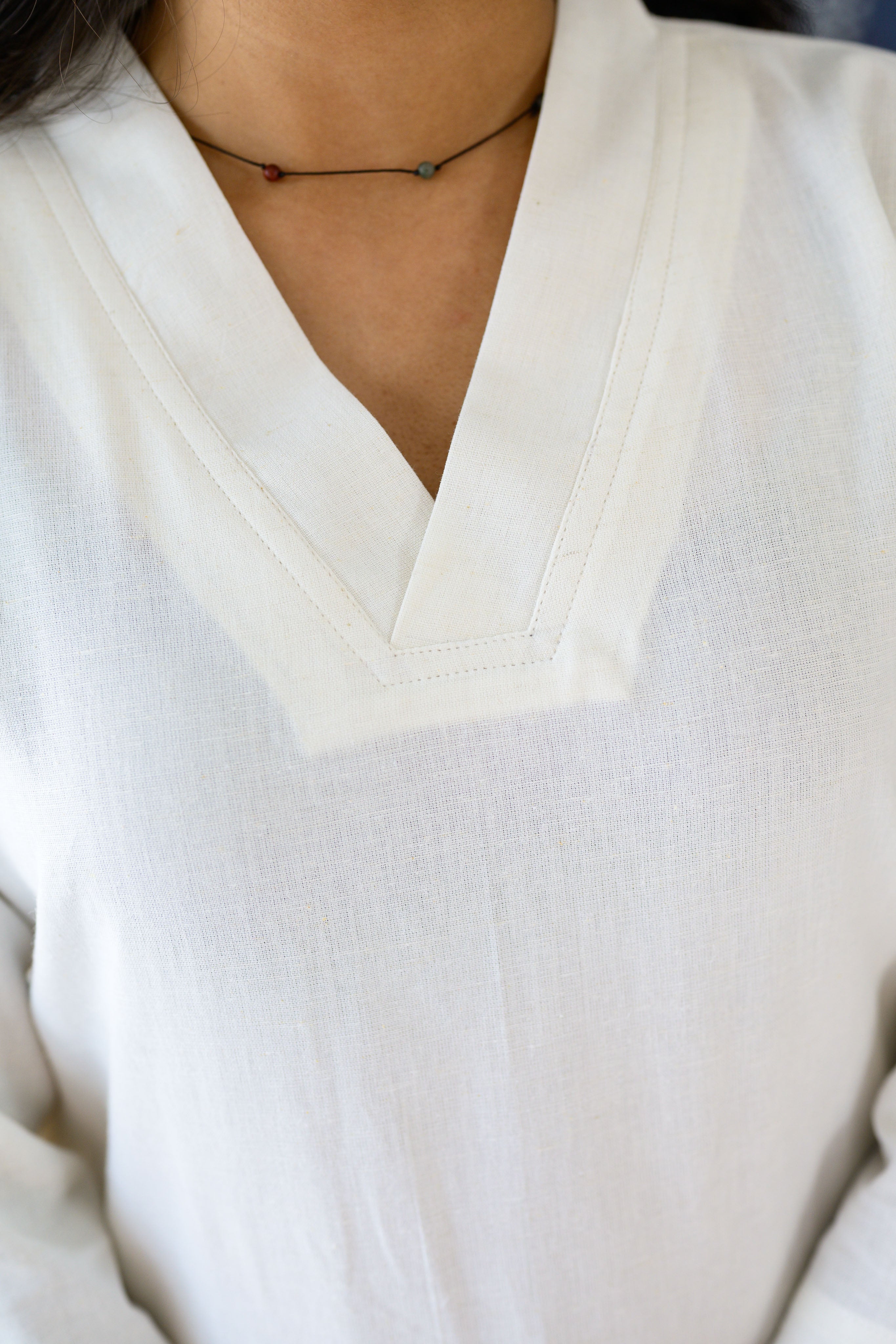 Off White Cotton Linen Collar Kurta