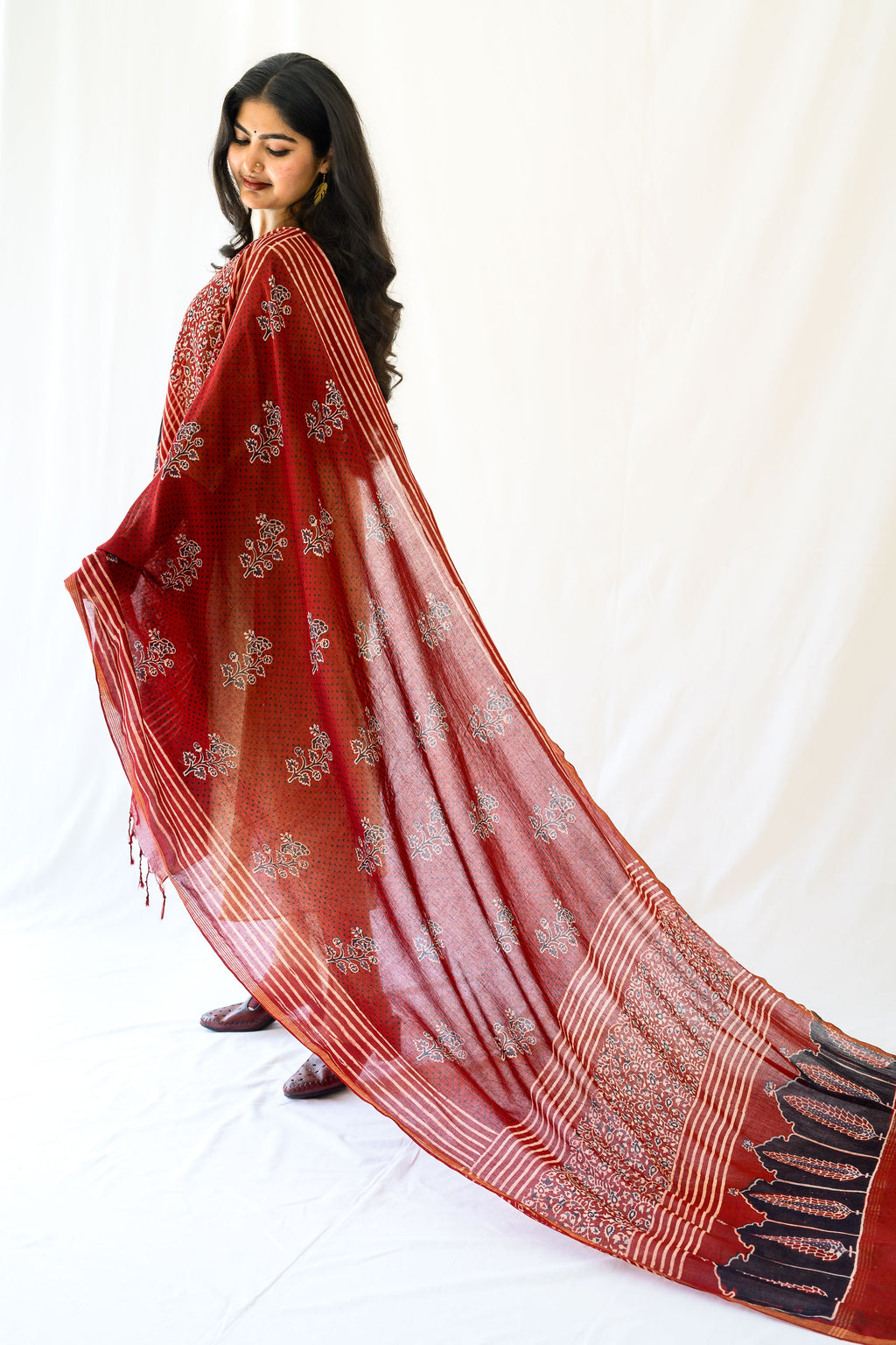 Madder Red Pine Florals Ajrakh Cotton Dupatta