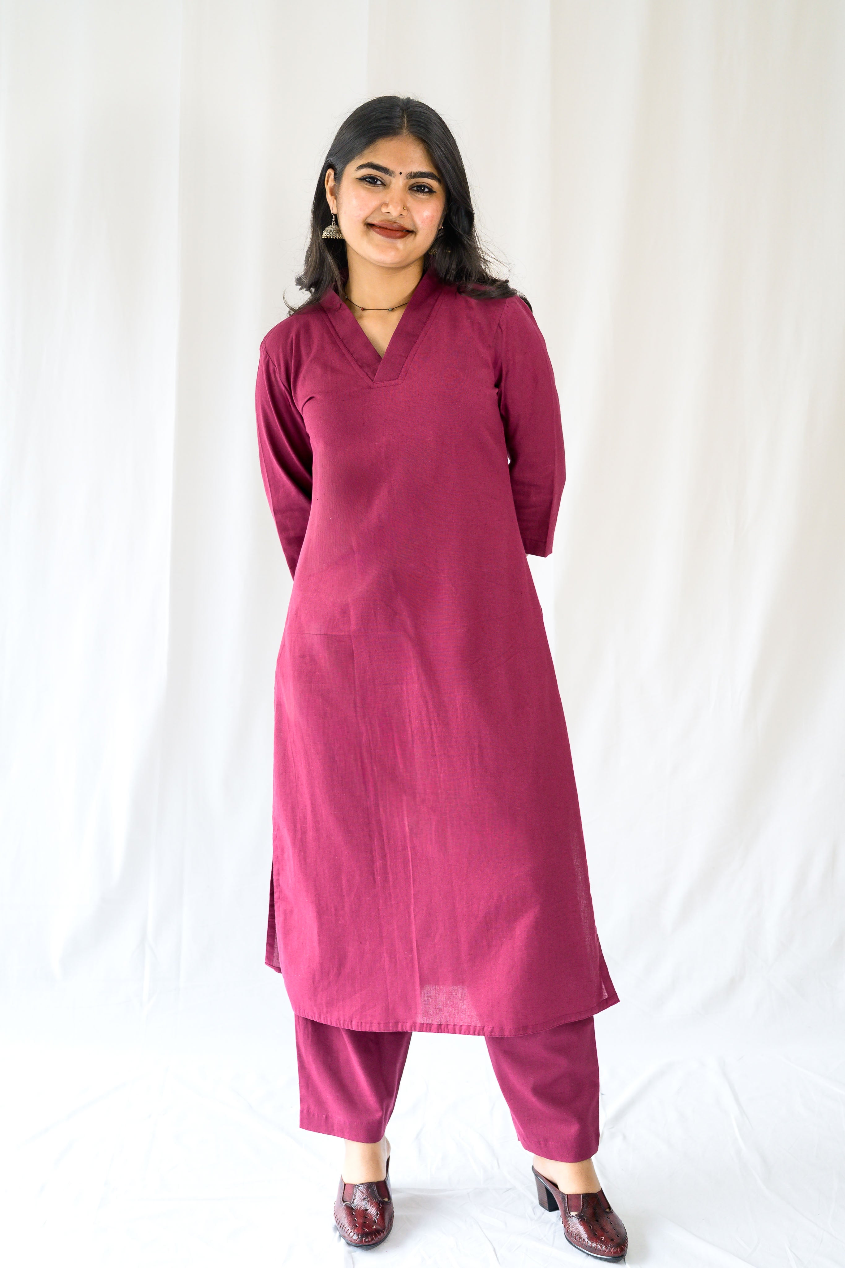 Set of 2- Wine Cotton Flax Collar Neck Kurta & Pants Set