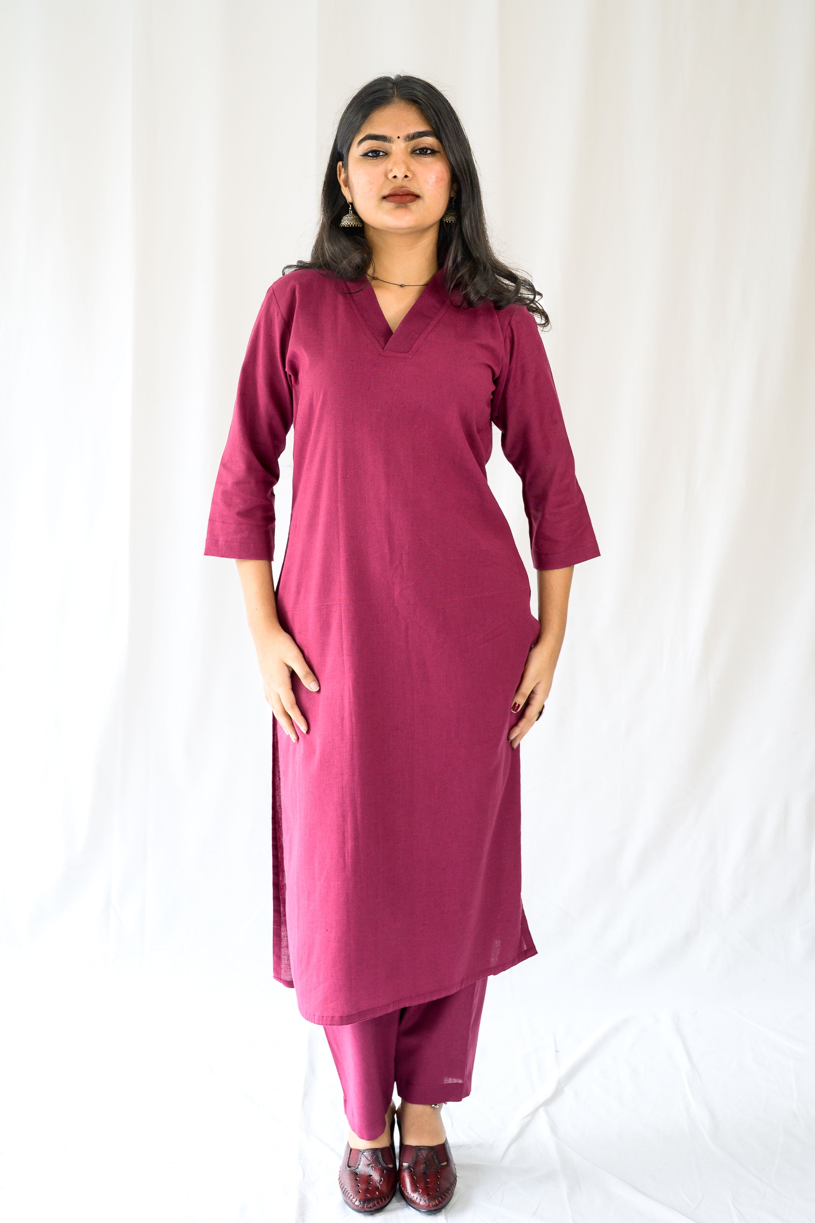 Set of 2- Wine Cotton Flax Collar Neck Kurta & Pants Set