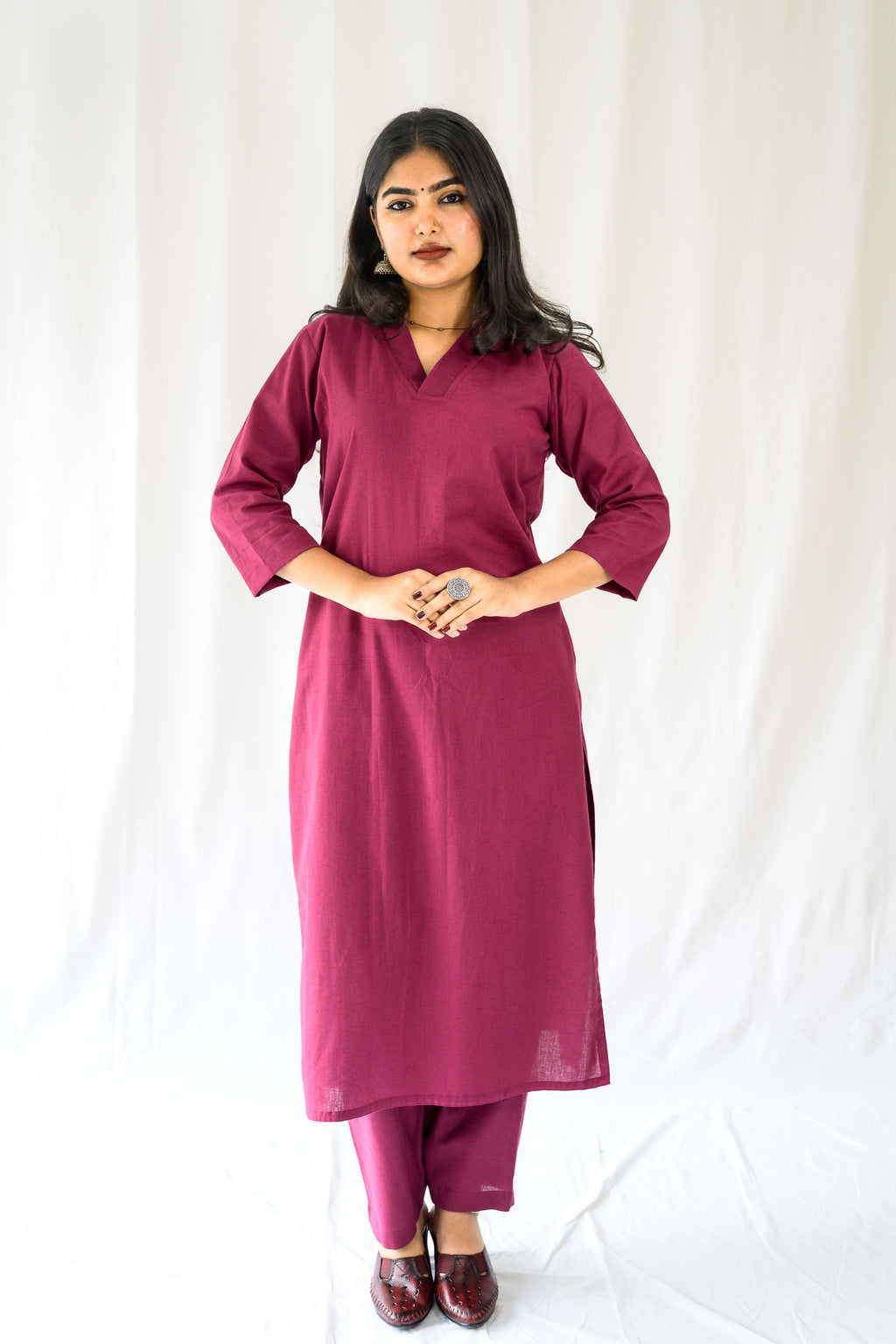 Set of 2- Wine Cotton Flax Collar Neck Kurta & Pants Set