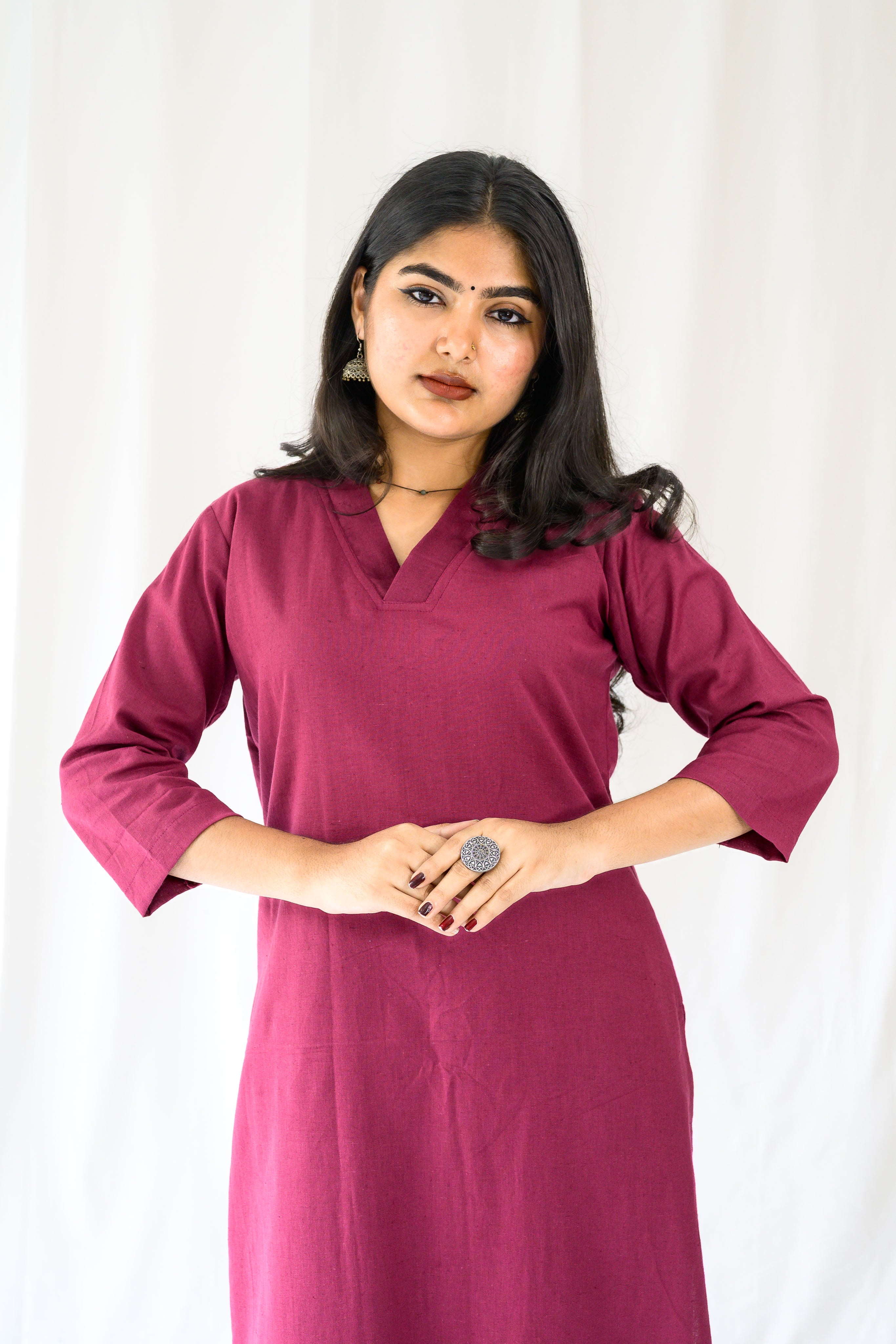 Set of 2- Wine Cotton Flax Collar Neck Kurta & Pants Set
