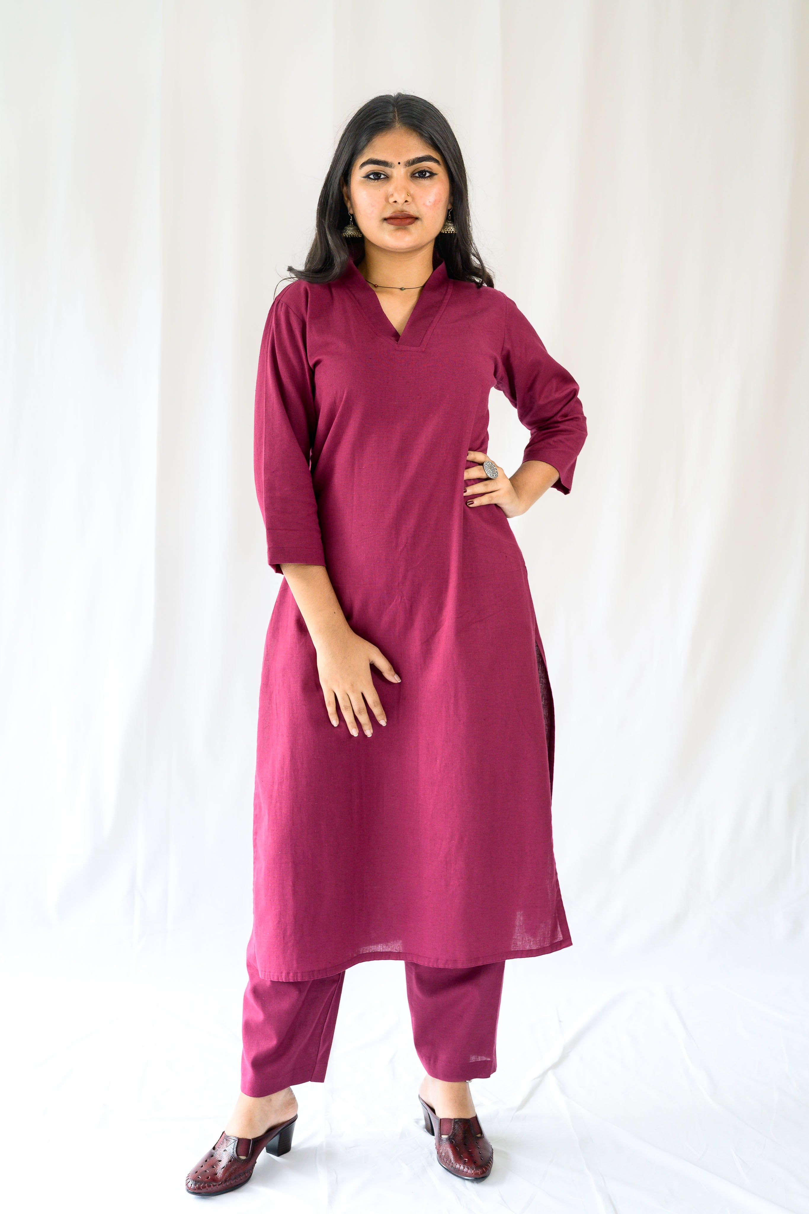 Set of 2- Wine Cotton Flax Collar Neck Kurta & Pants Set