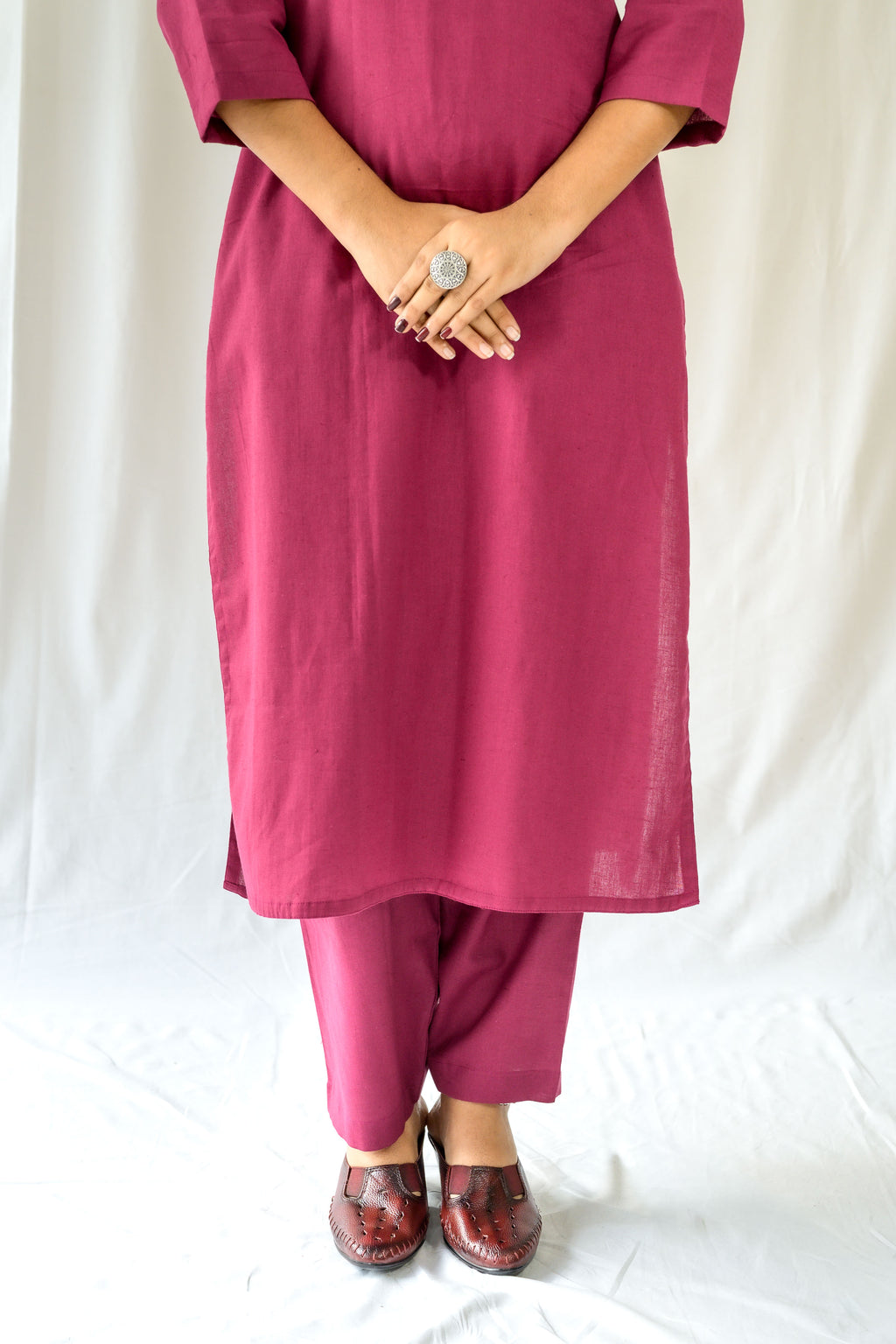 Set of 2- Wine Cotton Flax Collar Neck Kurta & Pants Set