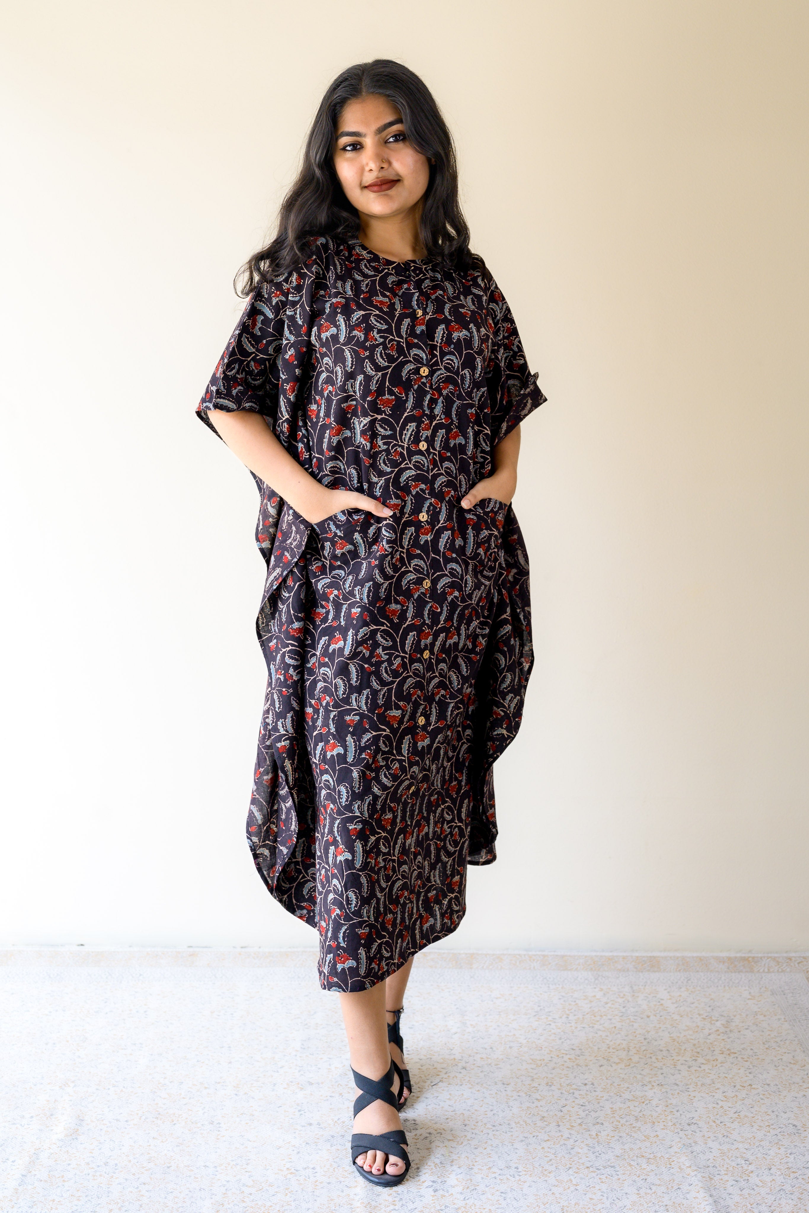 Mirya Ajrakh Print Pure Cotton Black Kaftan with Pockets- Lobha Deepthis