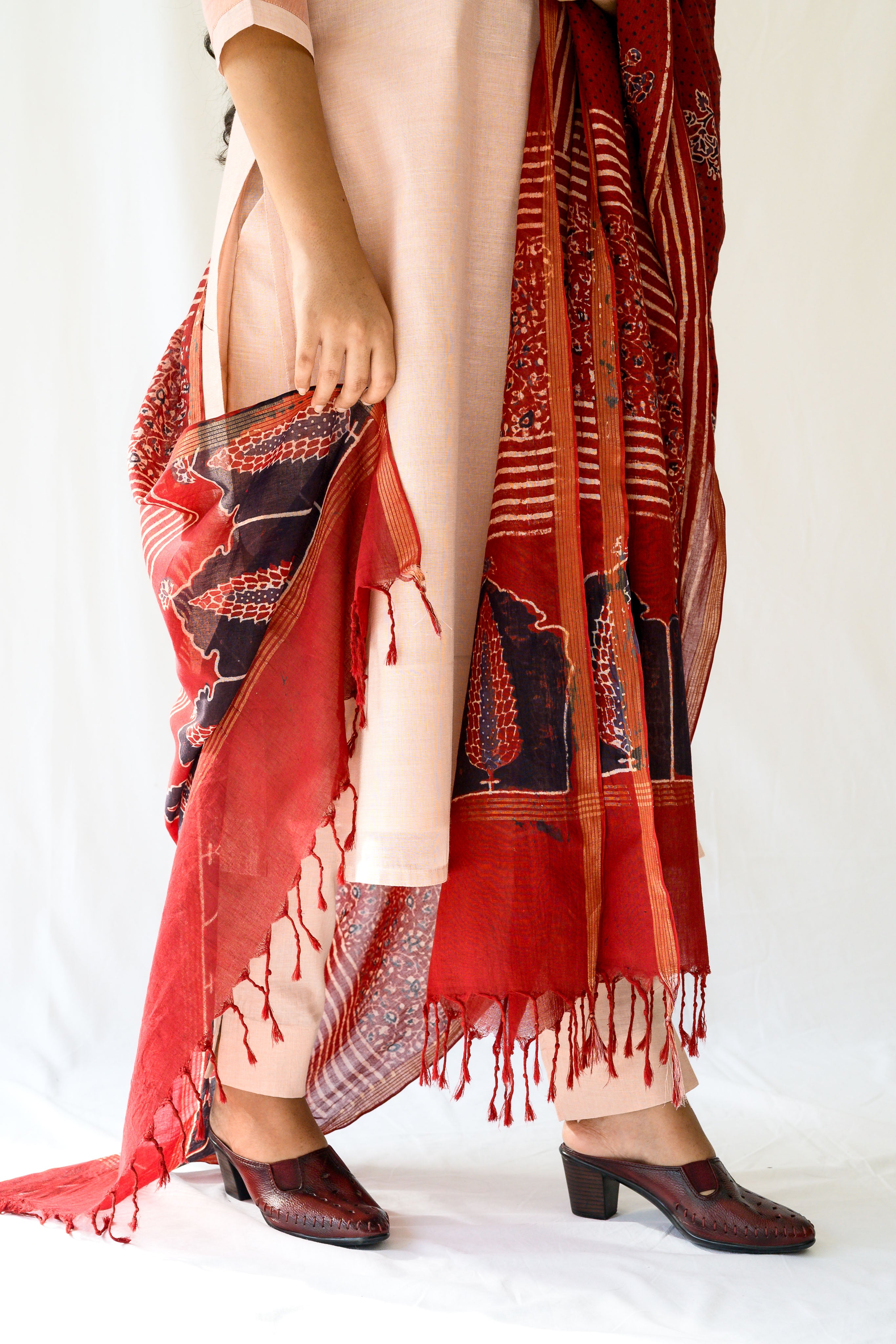 Madder Red Pine Florals Ajrakh Cotton Dupatta