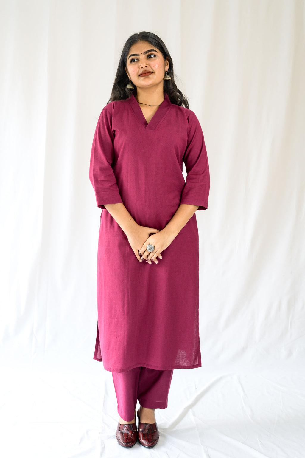 Set of 2- Wine Cotton Flax Collar Neck Kurta & Pants Set