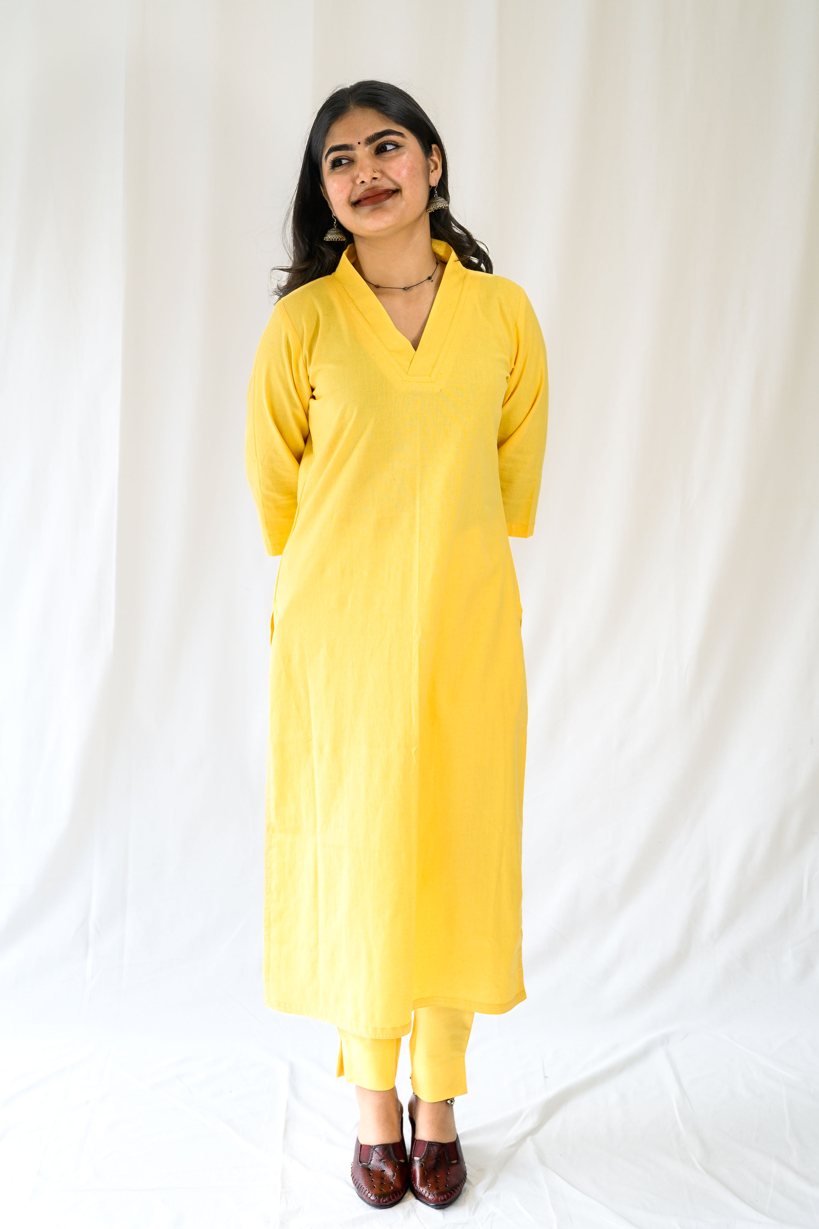 Set of 2- Yellow Cotton Flax Collar Neck Kurta & Pants Set