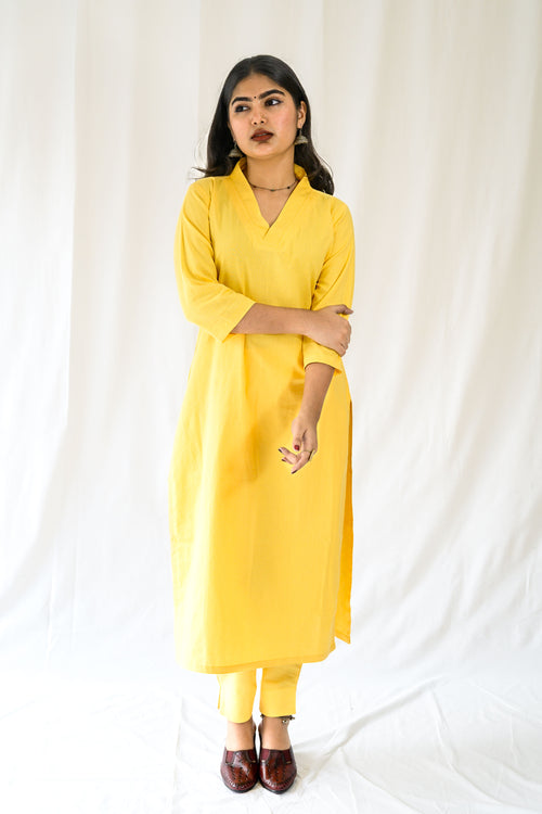 Set of 2- Yellow Cotton Flax Collar Neck Kurta & Pants Set