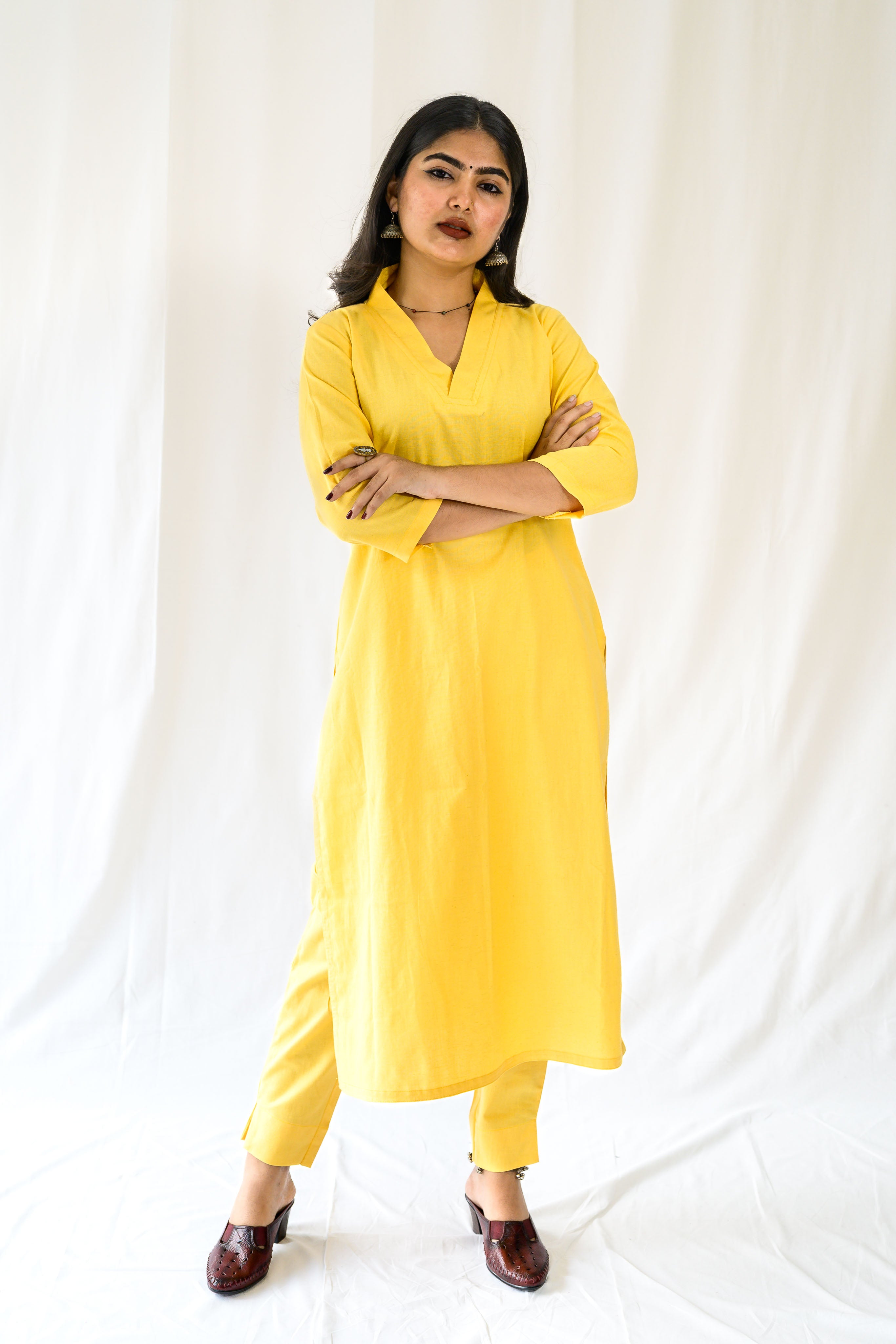 Set of 2- Yellow Cotton Flax Collar Neck Kurta & Pants Set