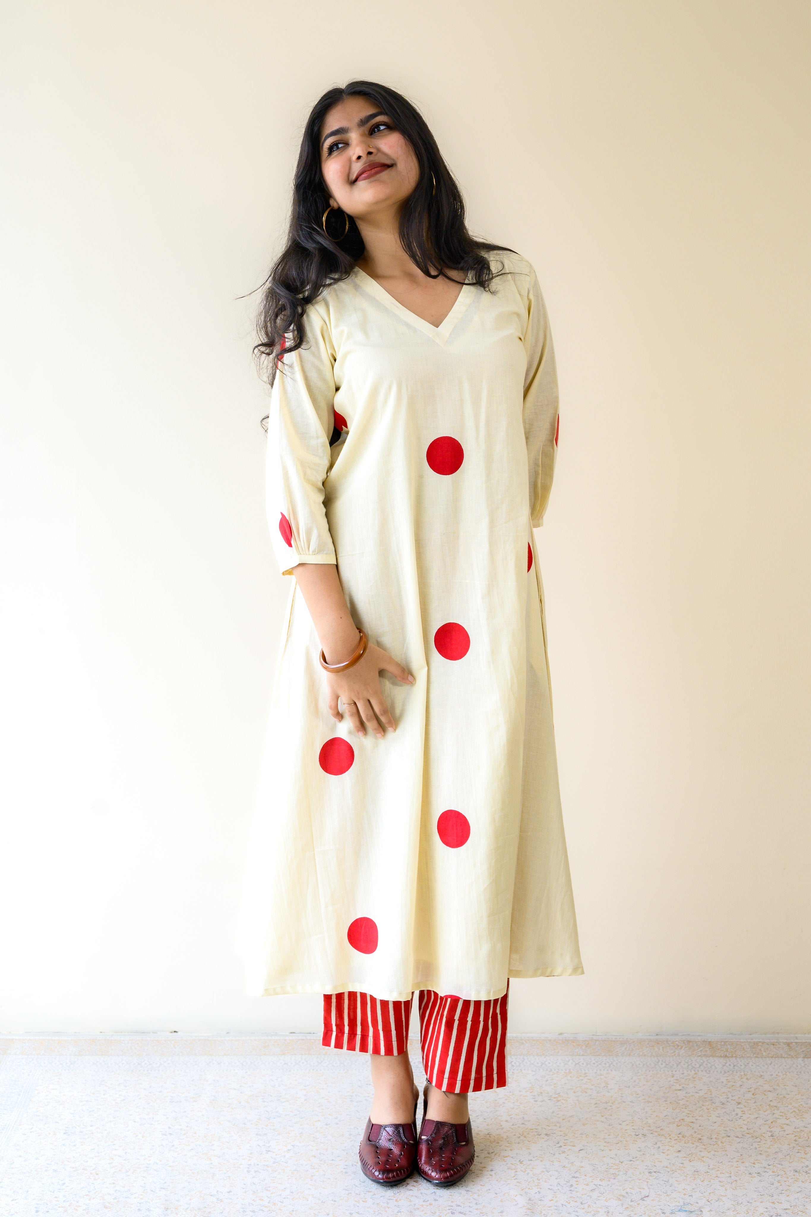 Set of 2- Red Polkas on Cream Kurta & Pants Set