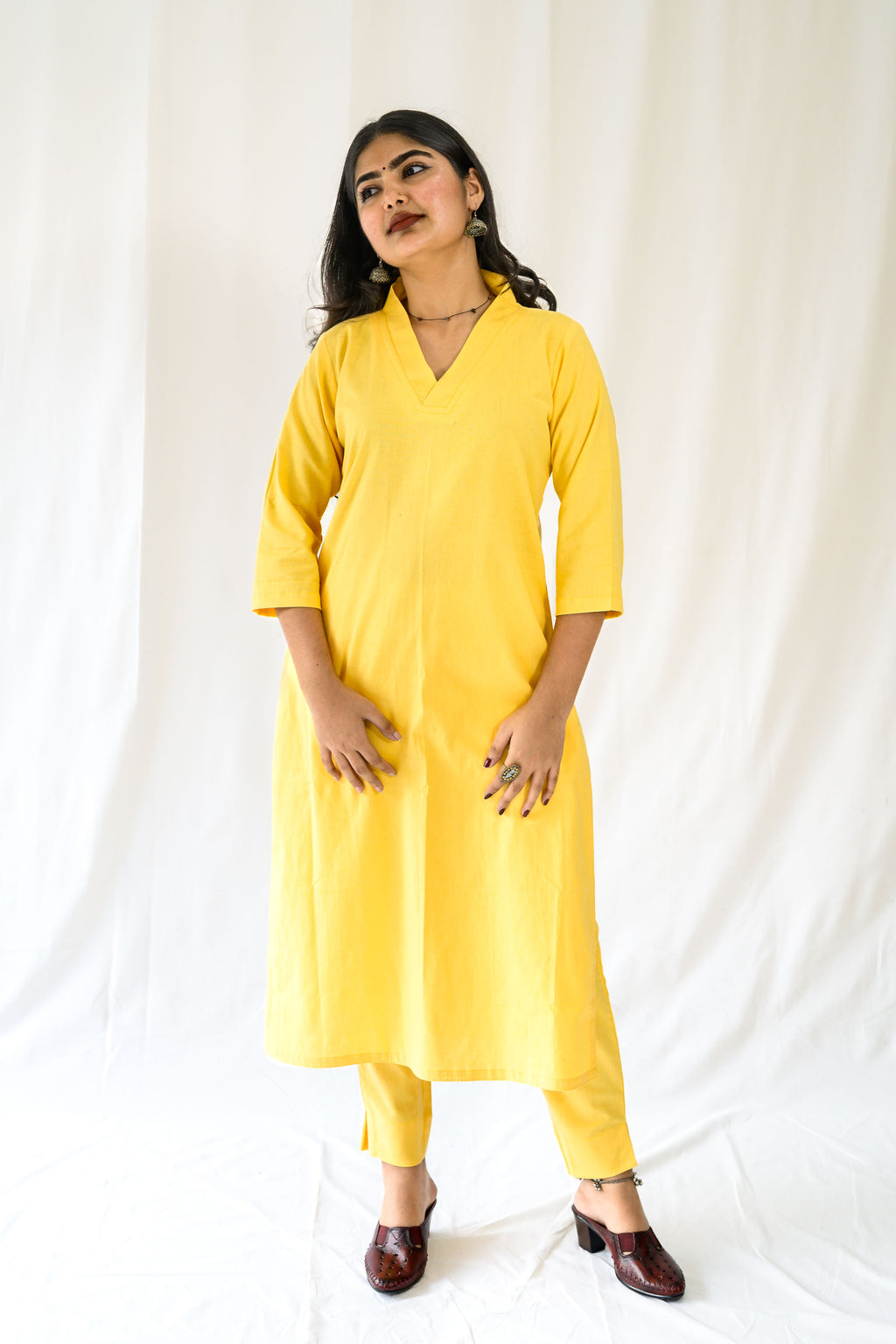 Set of 2- Yellow Cotton Flax Collar Neck Kurta & Pants Set