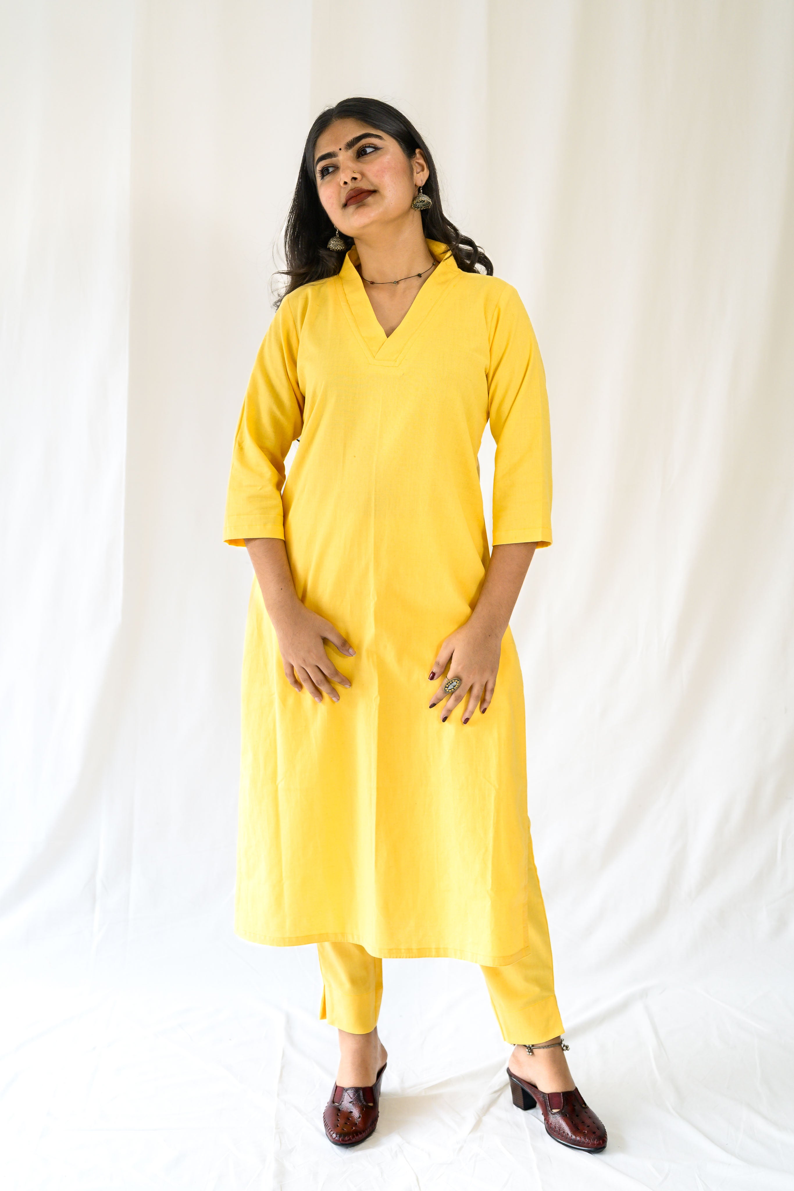 Set of 2- Yellow Cotton Flax Collar Neck Kurta & Pants Set