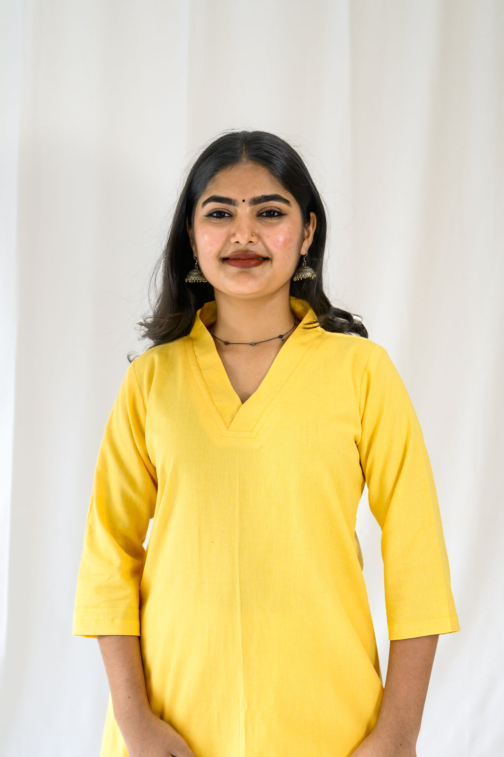 Set of 2- Yellow Cotton Flax Collar Neck Kurta & Pants Set