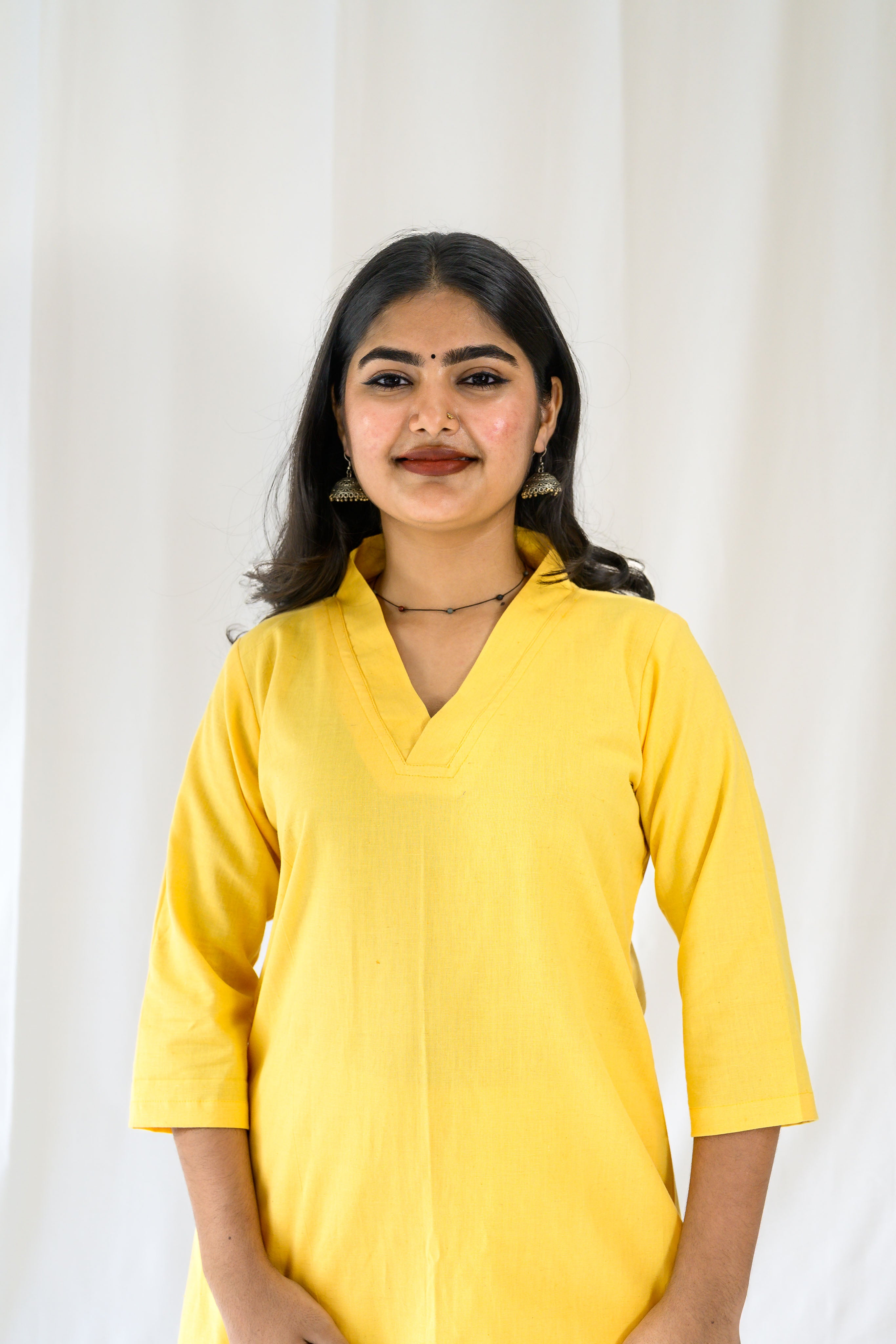 Set of 2- Yellow Cotton Flax Collar Neck Kurta & Pants Set