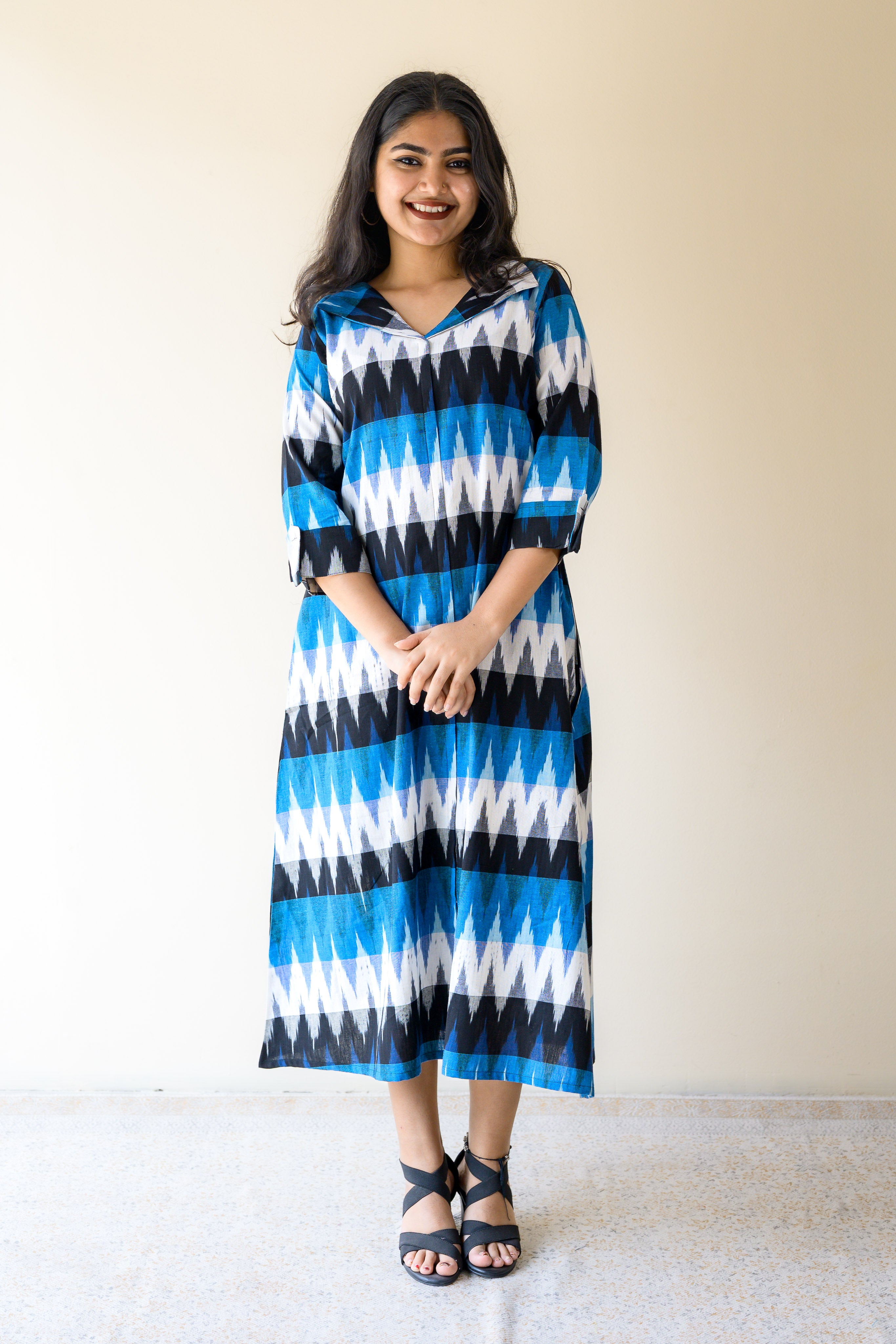 Dusk & Dreams Ikkat Side Pleated Cotton Dress- Lobha Deepthis