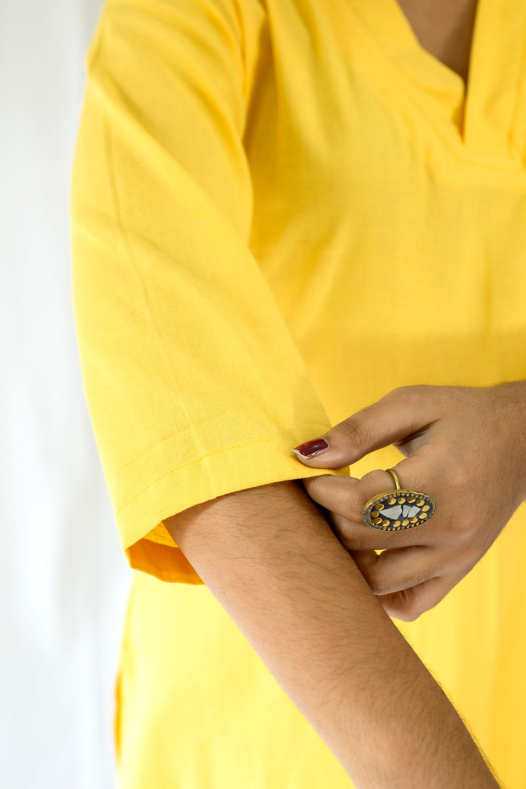 Set of 2- Yellow Cotton Flax Collar Neck Kurta & Pants Set