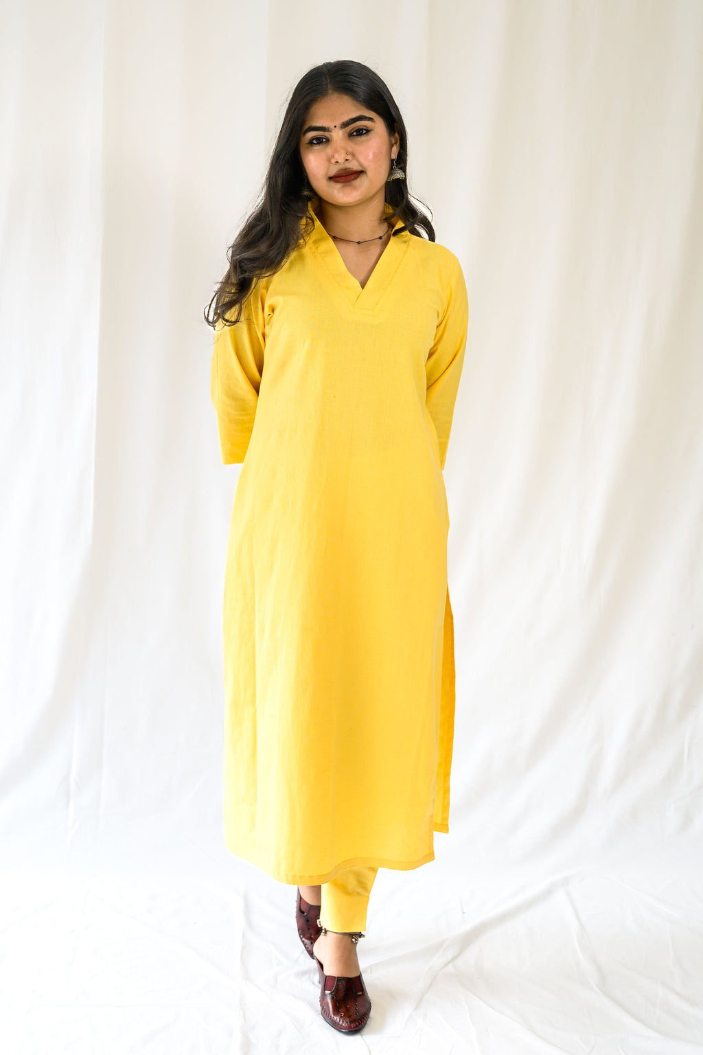 Set of 2- Yellow Cotton Flax Collar Neck Kurta & Pants Set