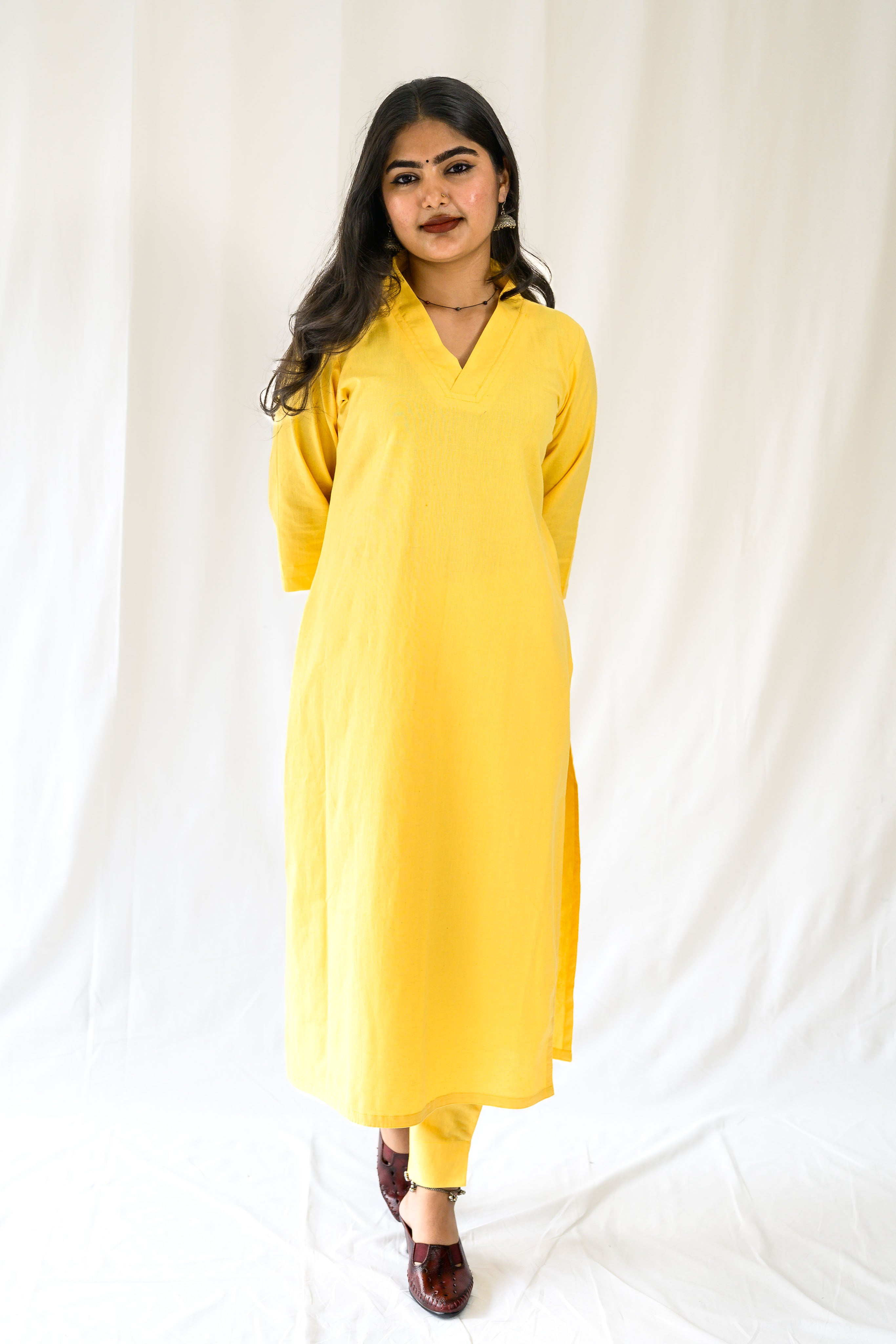 Set of 2- Yellow Cotton Flax Collar Neck Kurta & Pants Set