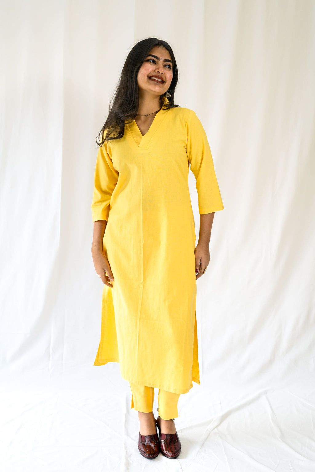 Set of 2- Yellow Cotton Flax Collar Neck Kurta & Pants Set