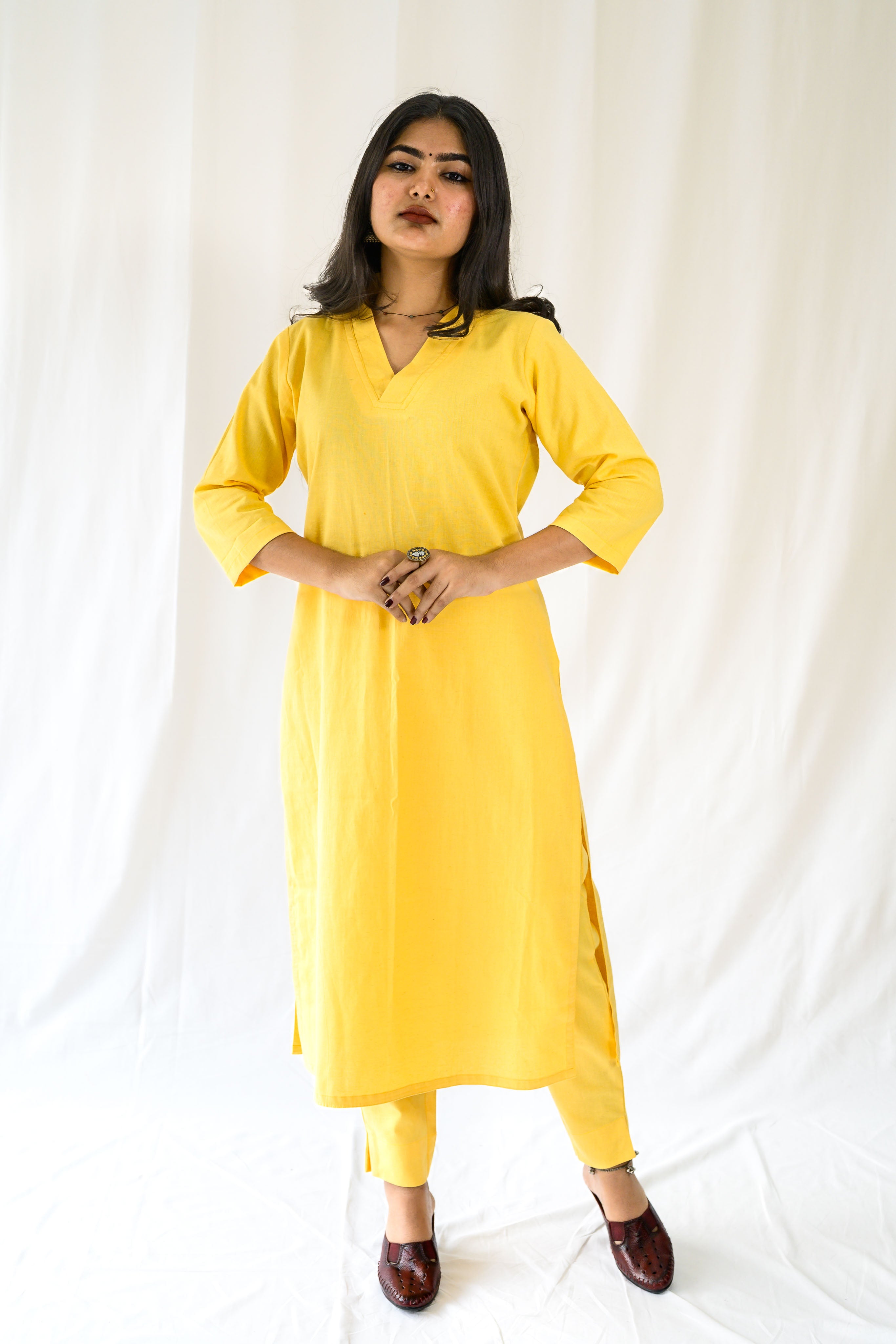 Set of 2- Yellow Cotton Flax Collar Neck Kurta & Pants Set