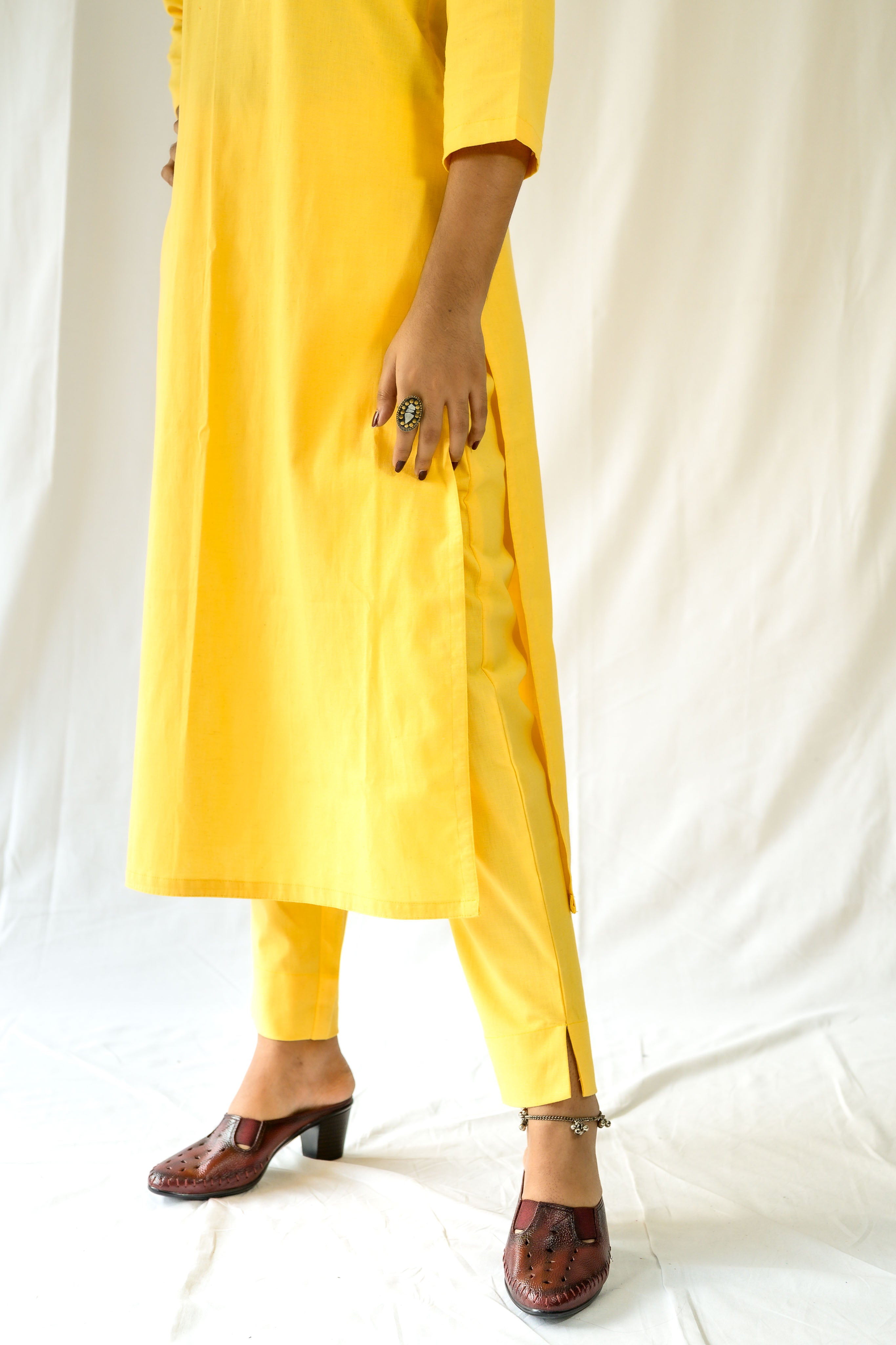 Set of 2- Yellow Cotton Flax Collar Neck Kurta & Pants Set
