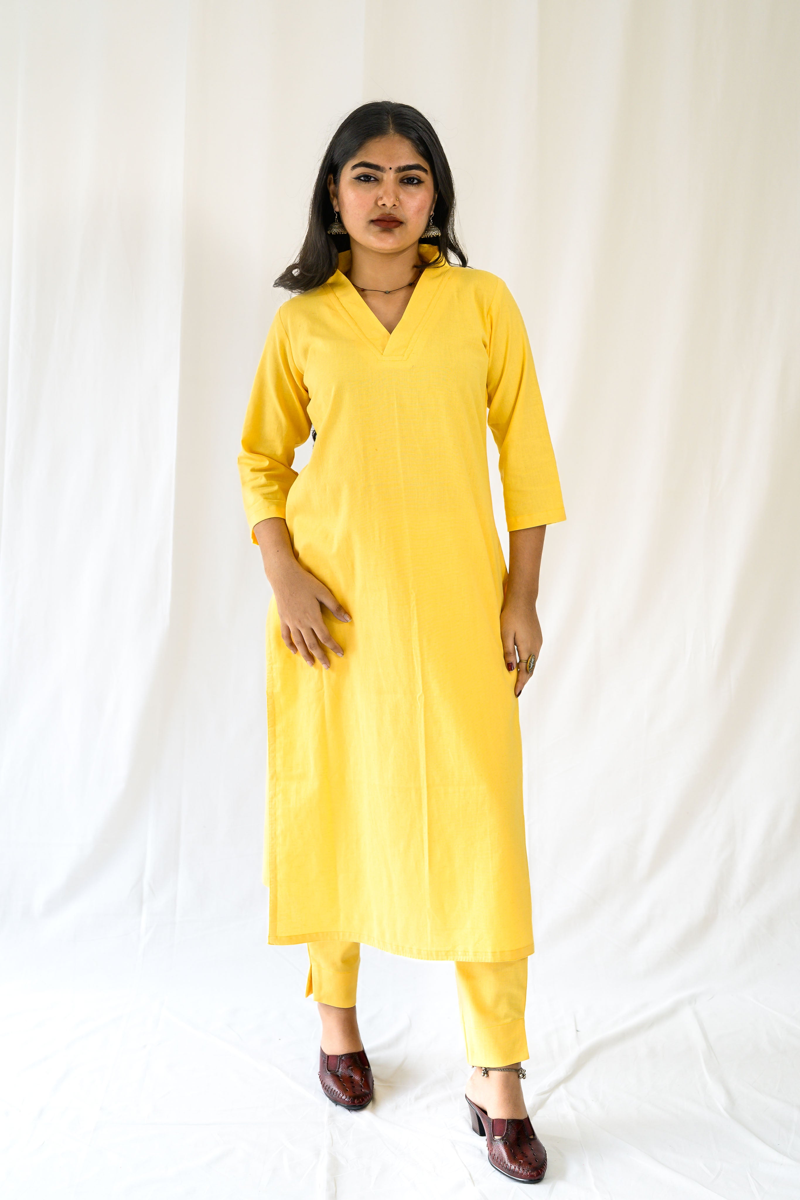 Set of 2- Yellow Cotton Flax Collar Neck Kurta & Pants Set
