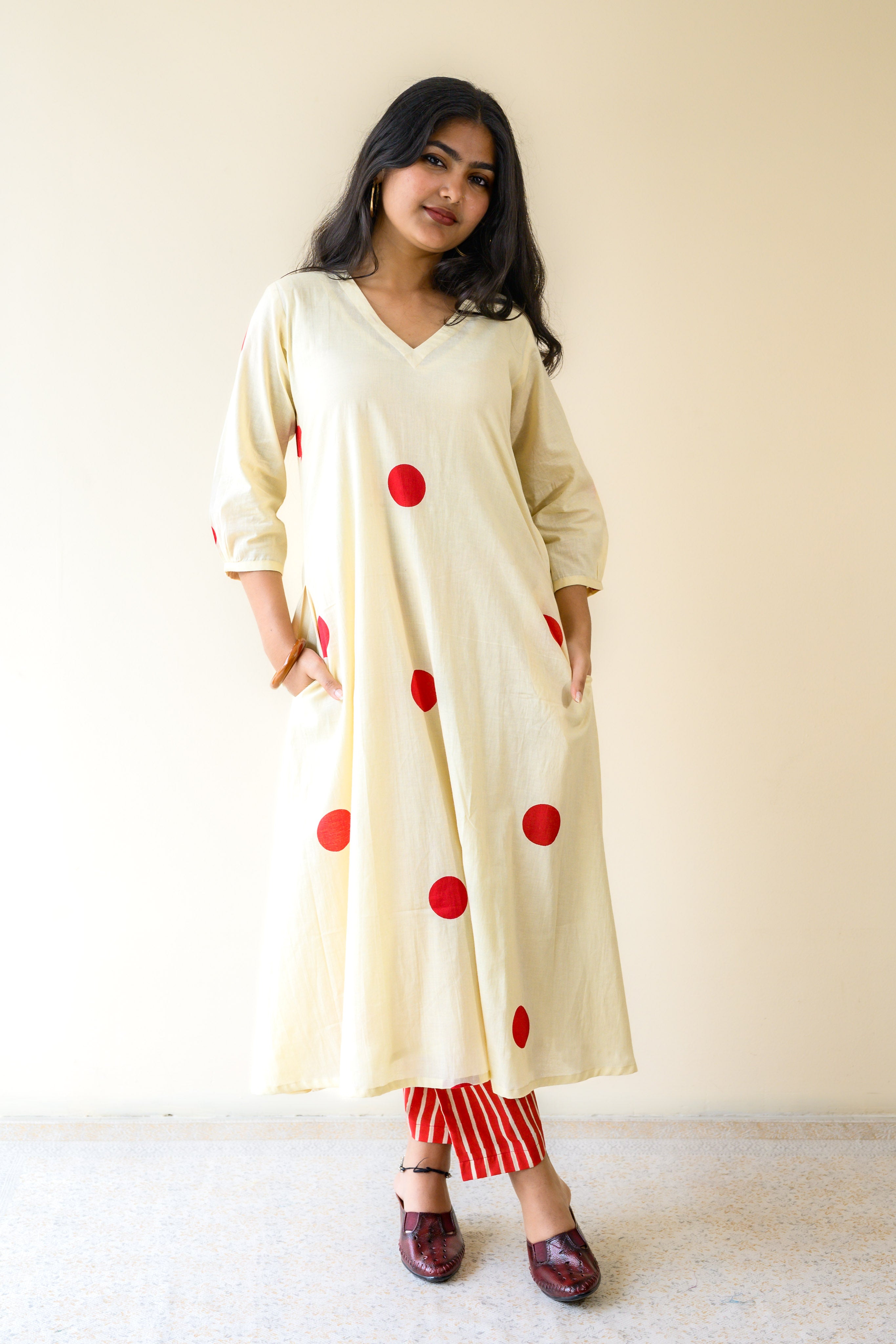 Set of 2- Red Polkas on Cream Kurta & Pants Set