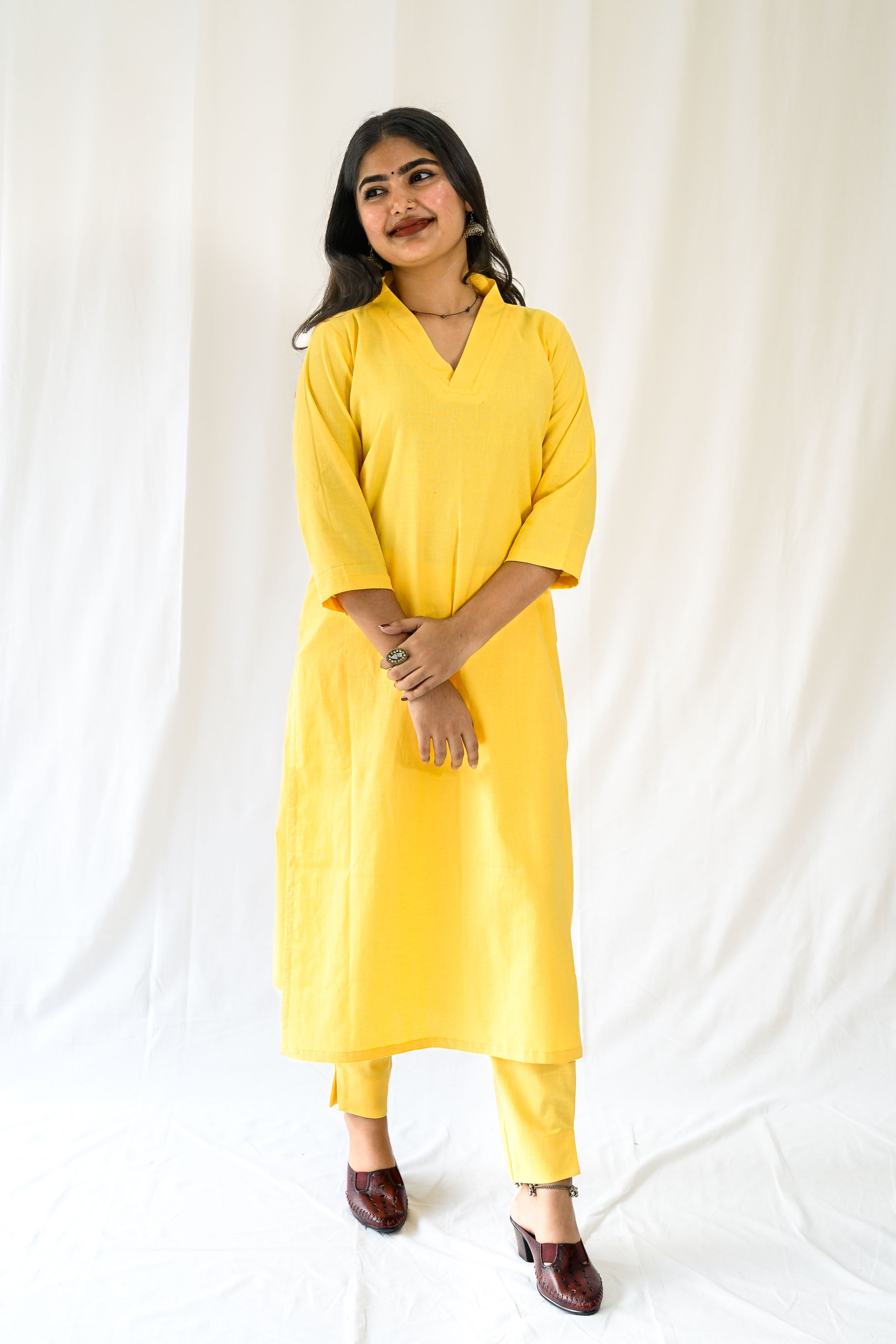Set of 2- Yellow Cotton Flax Collar Neck Kurta & Pants Set