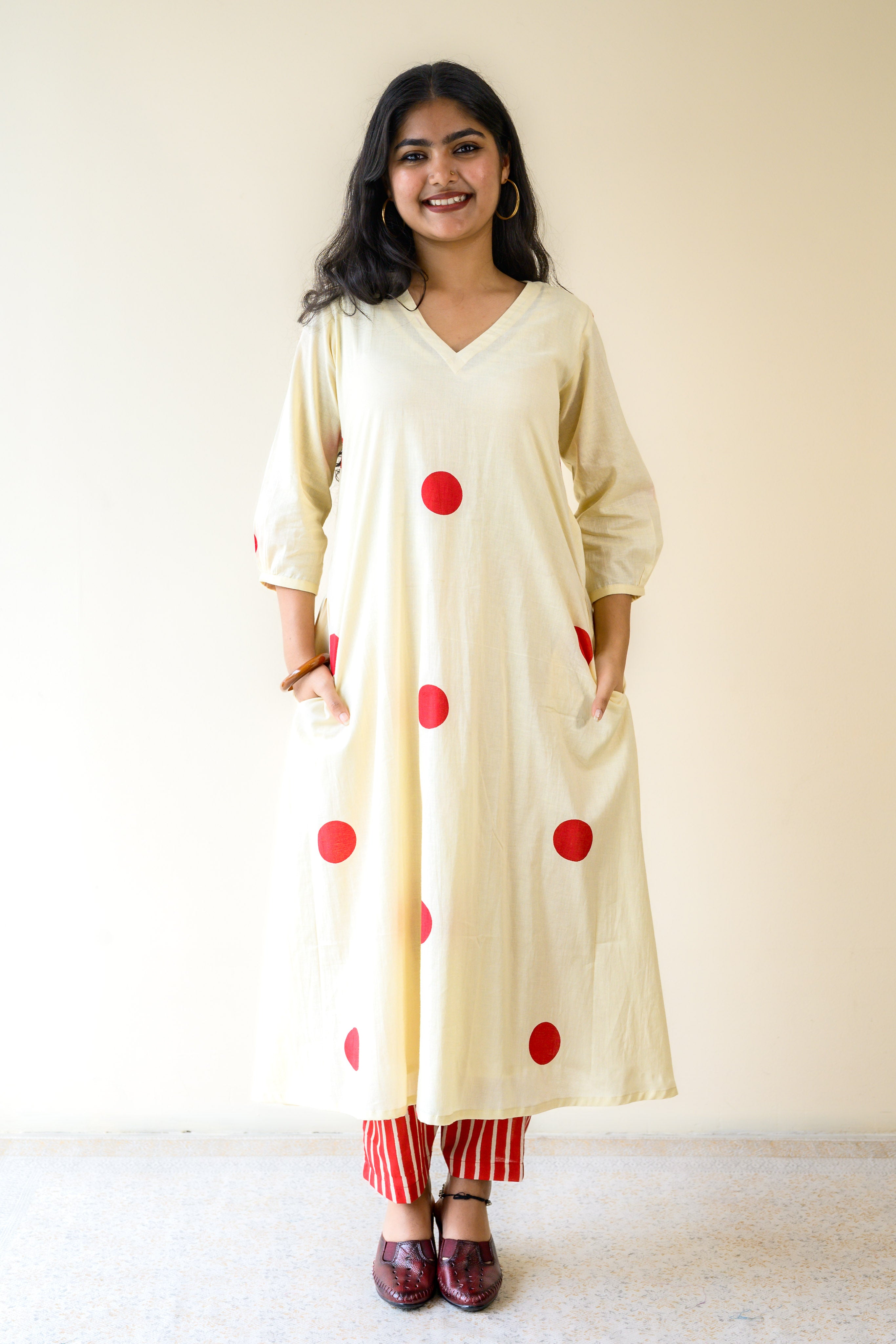 Set of 2- Red Polkas on Cream Kurta & Pants Set