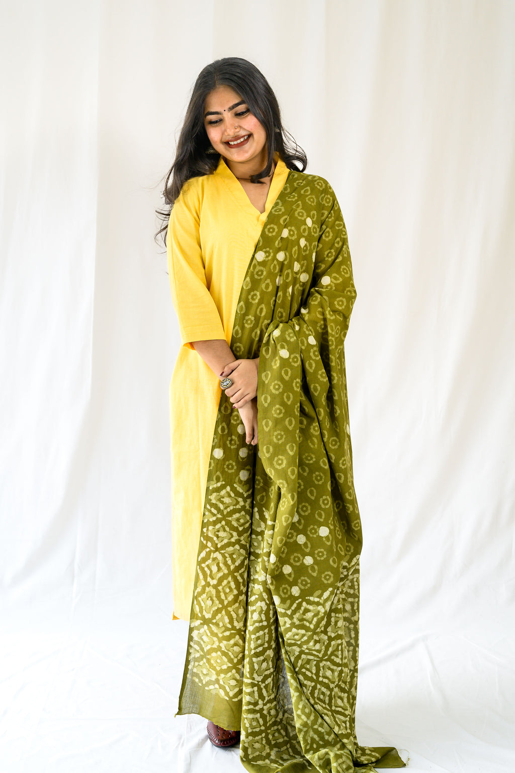 Set of 2- Yellow Cotton Flax Collar Neck Kurta & Pants Set