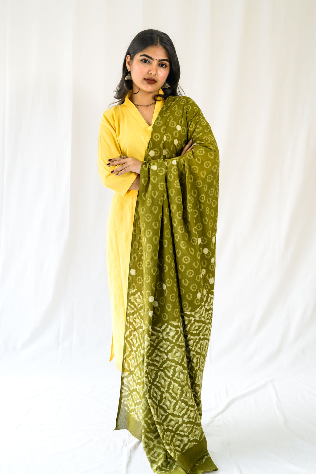 Set of 2- Yellow Cotton Flax Collar Neck Kurta & Pants Set